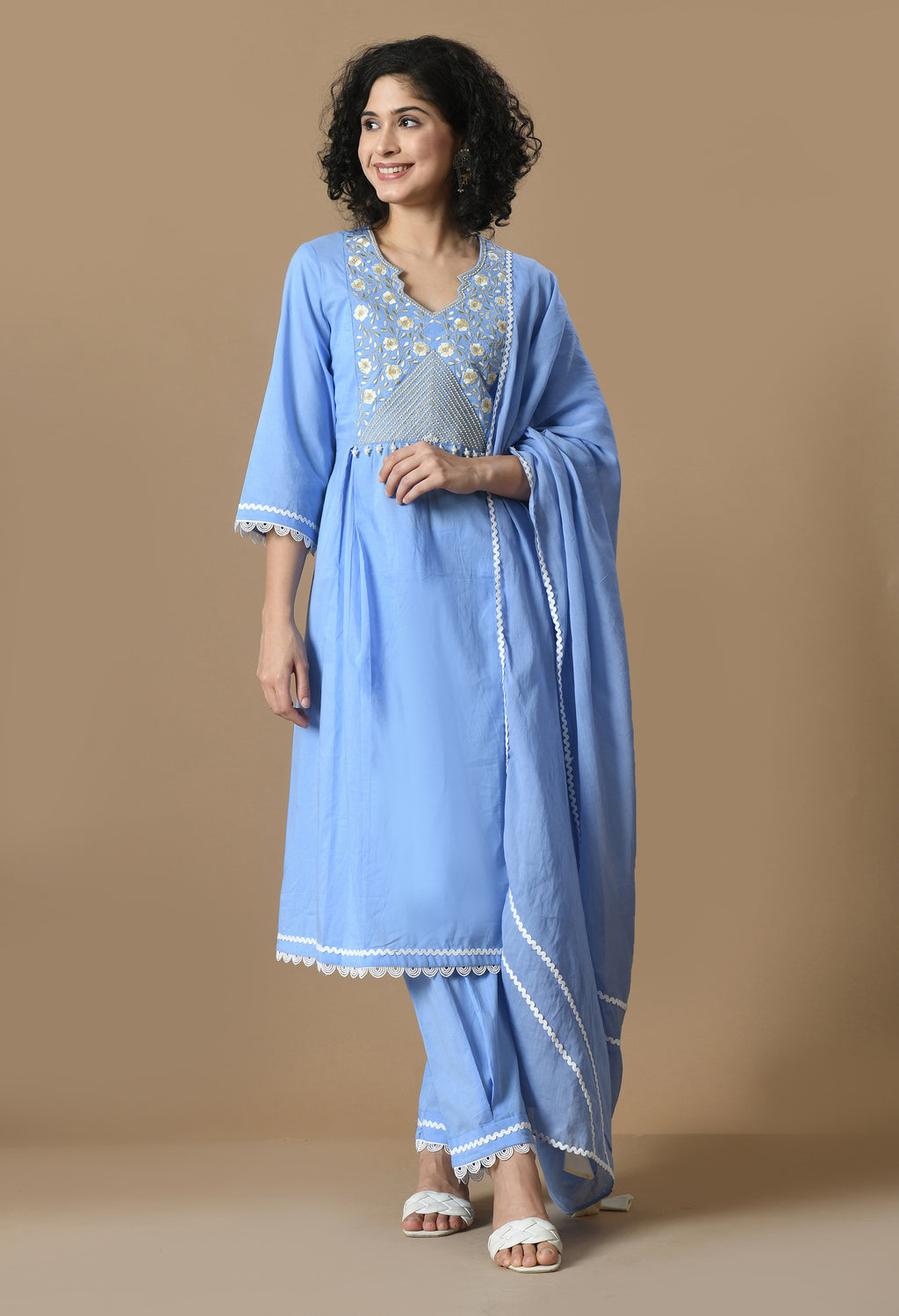 Women  Embroidery L.Blue V Neck Cotton Kurta Set