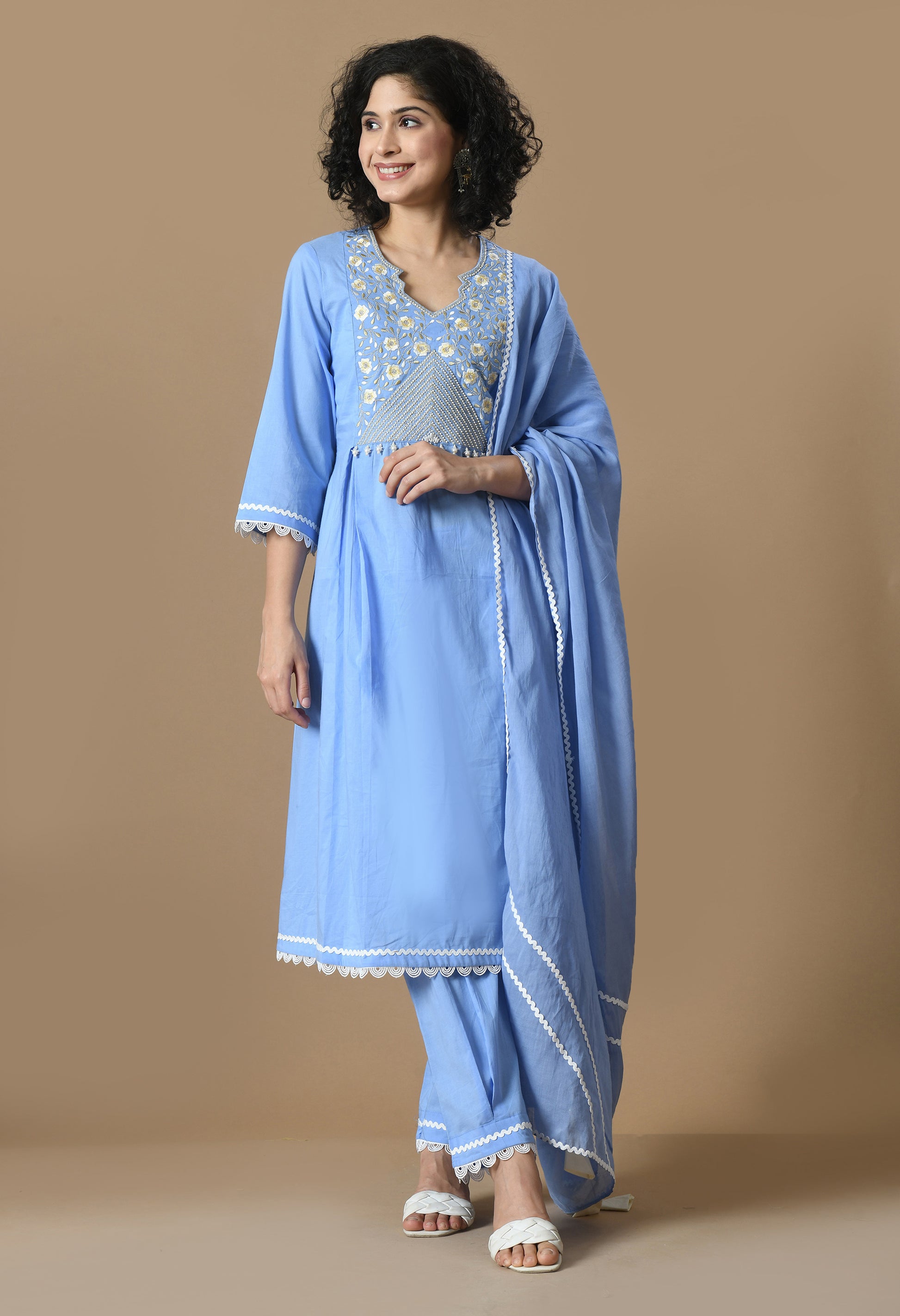 Women  Embroidery L.Blue V Neck Cotton Kurta Set