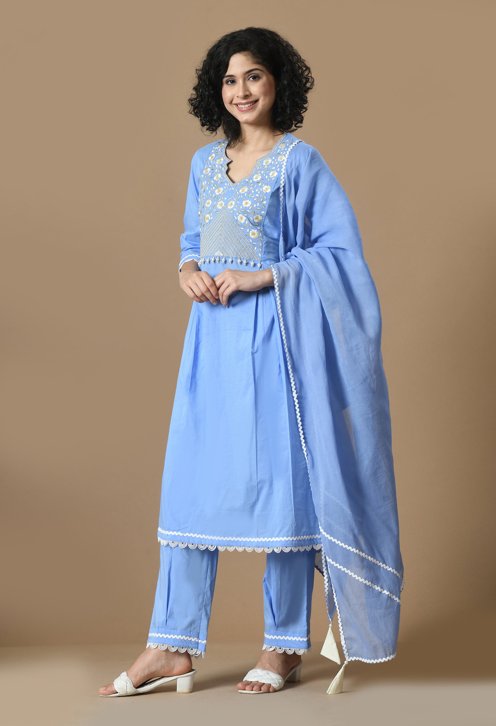 Women  Embroidery L.Blue V Neck Cotton Kurta Set