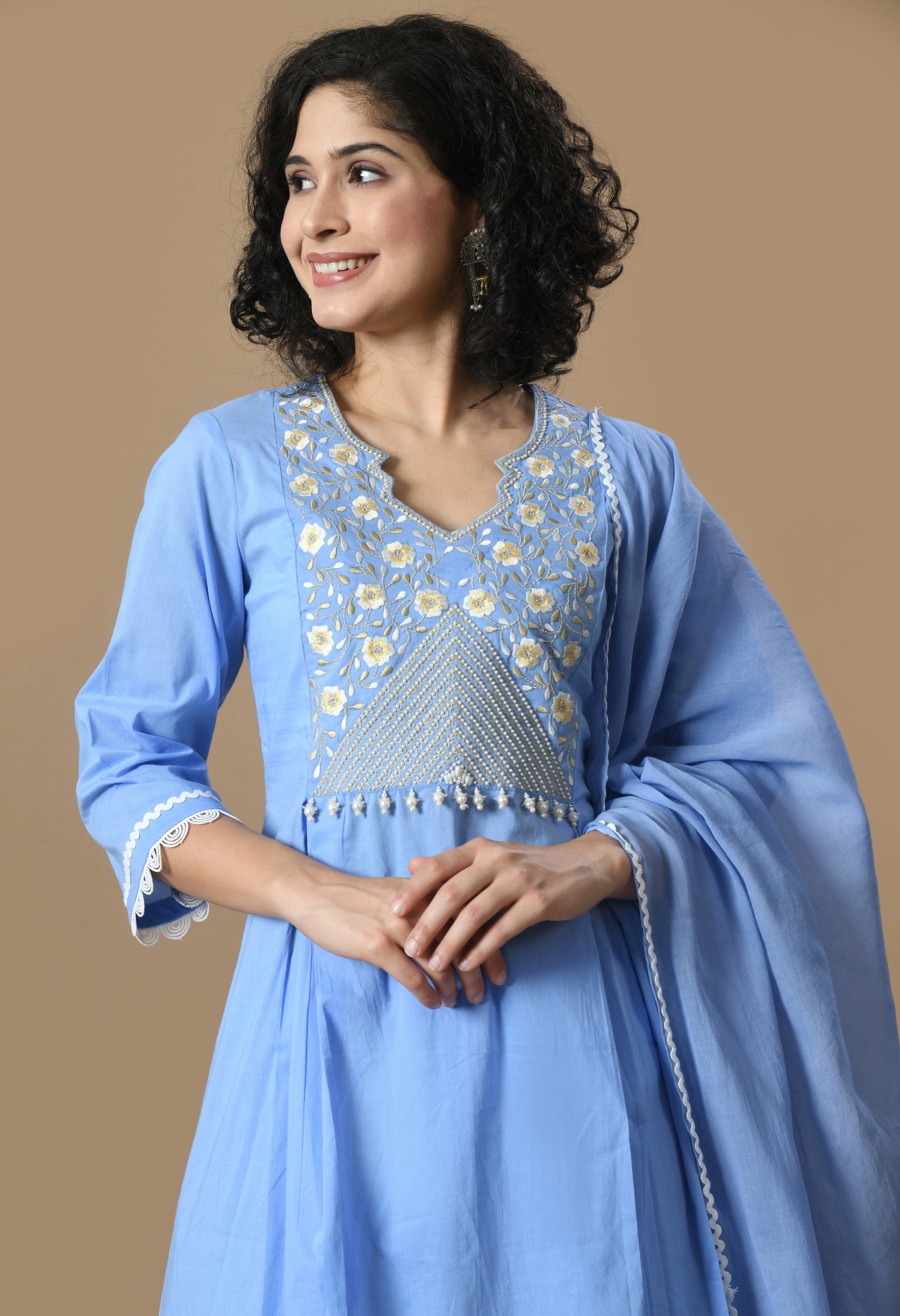 Women  Embroidery L.Blue V Neck Cotton Kurta Set
