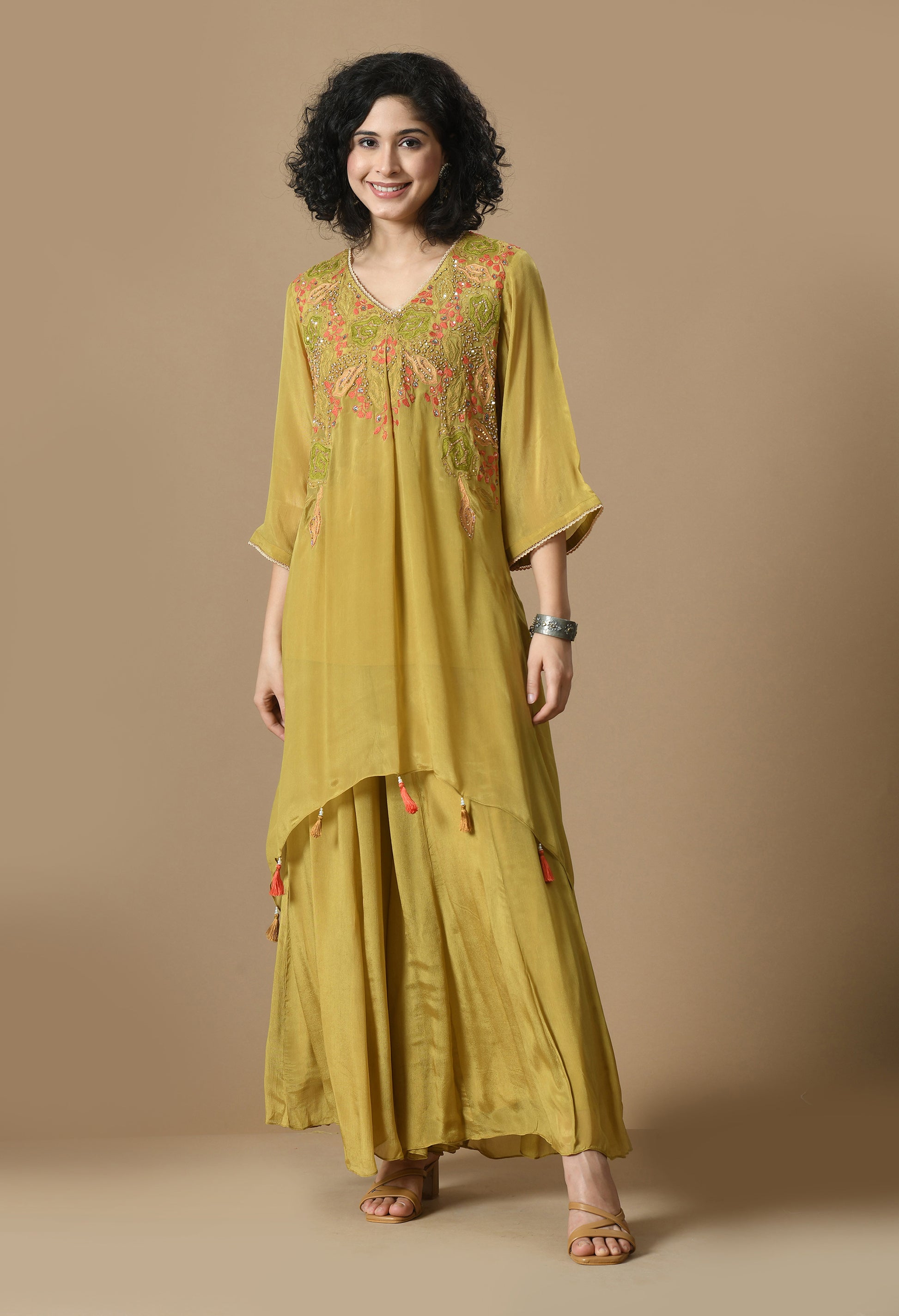 Women  Embroidery mehndi V Neck Chinnon Kurta Set