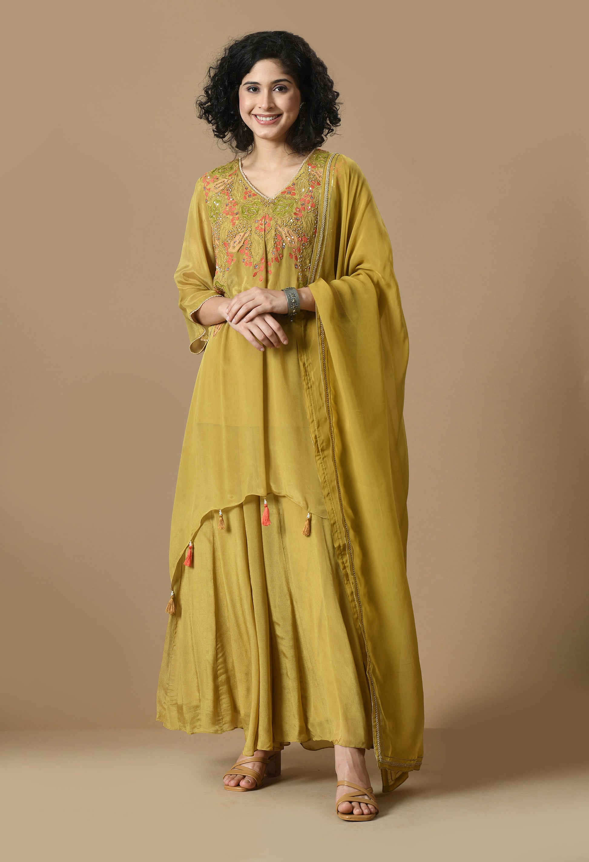 Women  Embroidery mehndi V Neck Chinnon Kurta Set