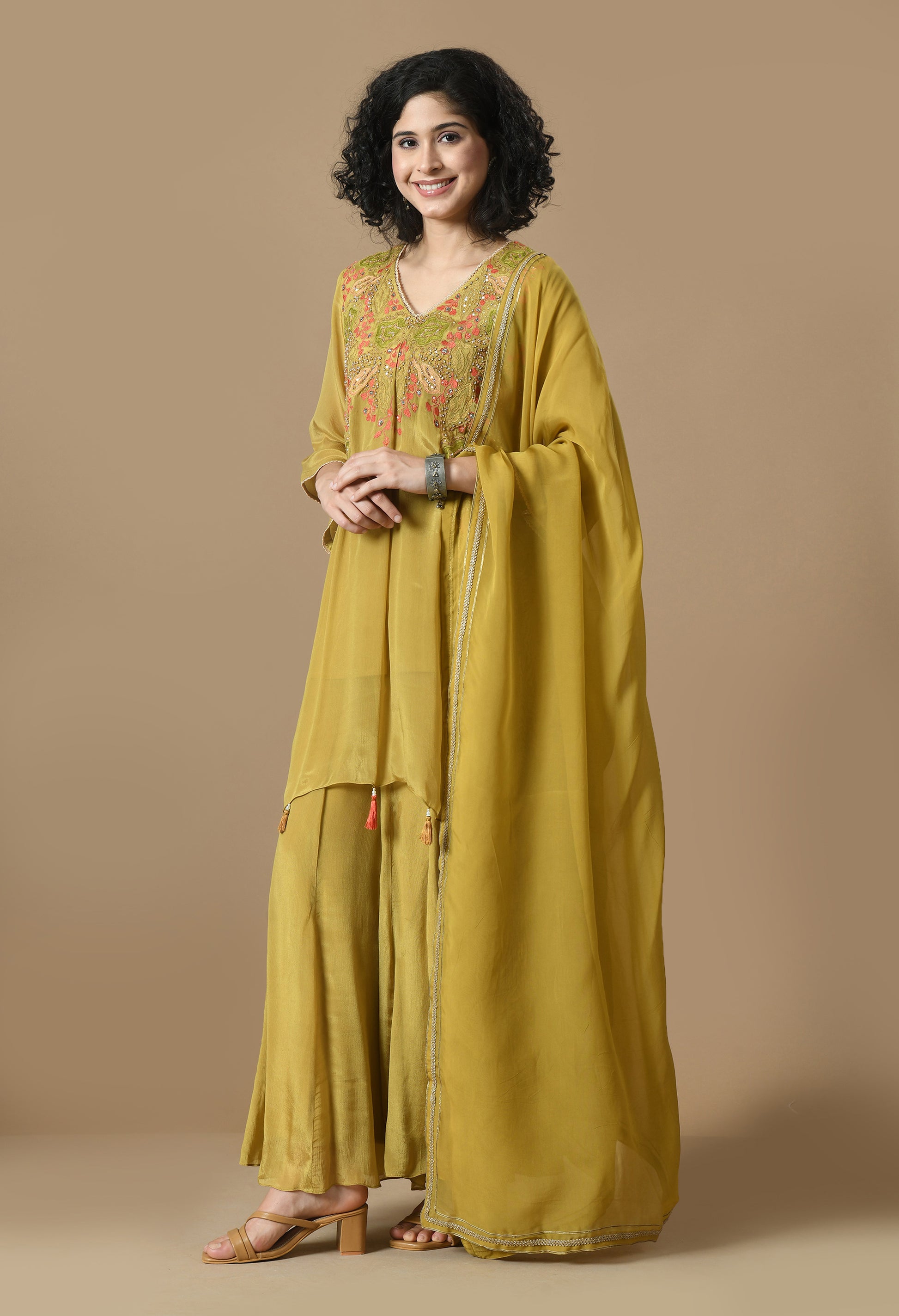 Women  Embroidery mehndi V Neck Chinnon Kurta Set