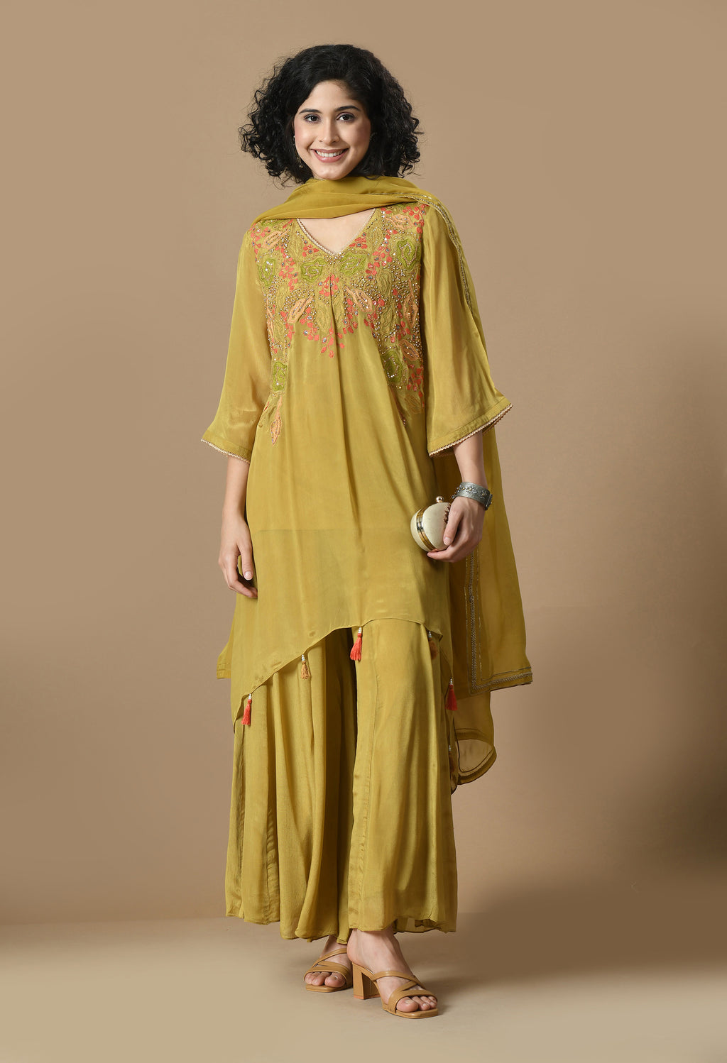 Women  Embroidery mehndi V Neck Chinnon Kurta Set