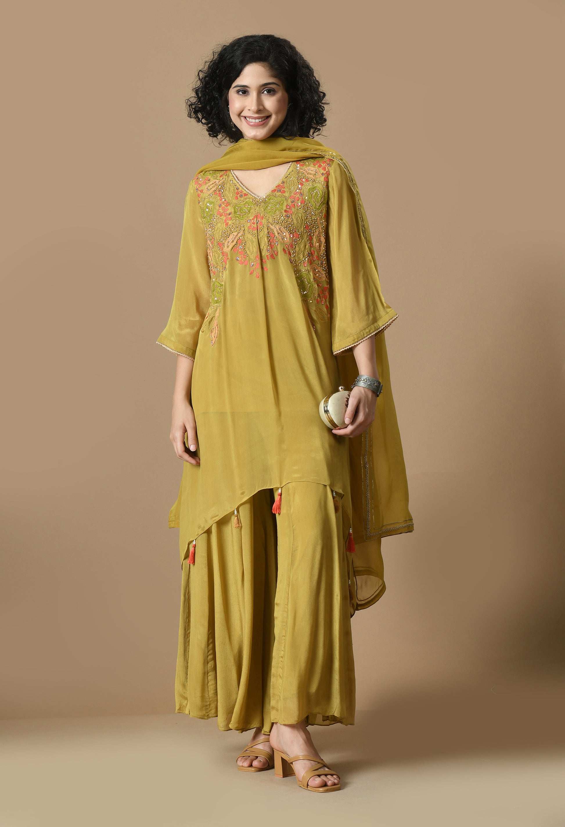 Women  Embroidery mehndi V Neck Chinnon Kurta Set