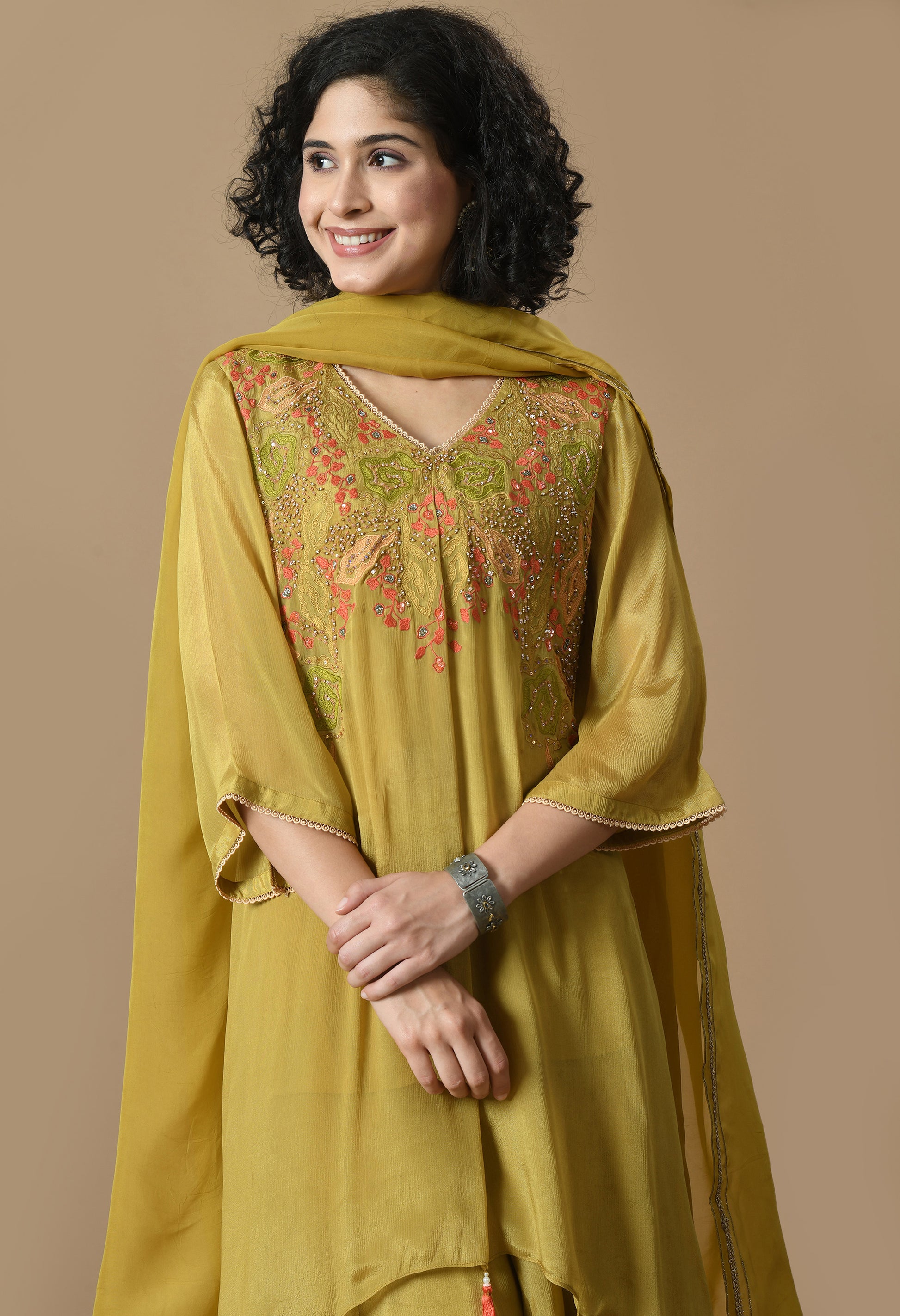 Women  Embroidery mehndi V Neck Chinnon Kurta Set