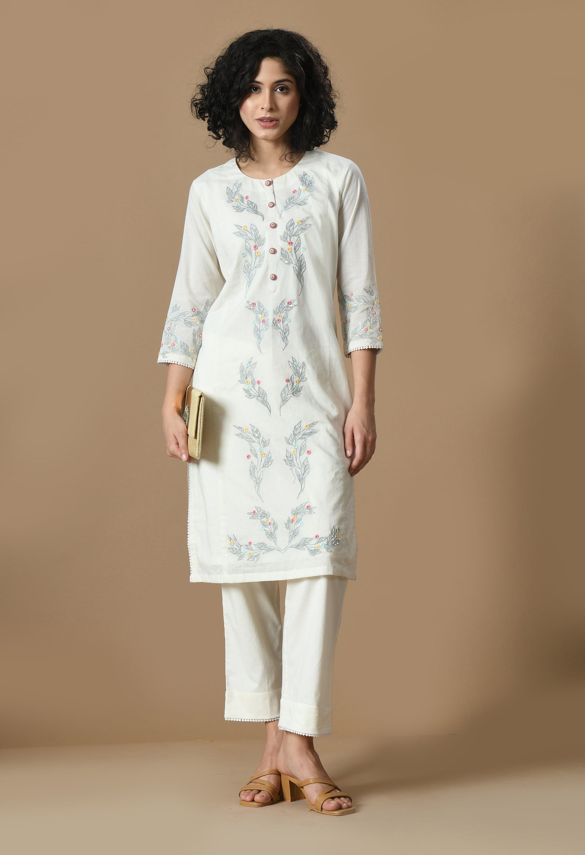 Women  Self design White Round Neck Cotton Kurta Set