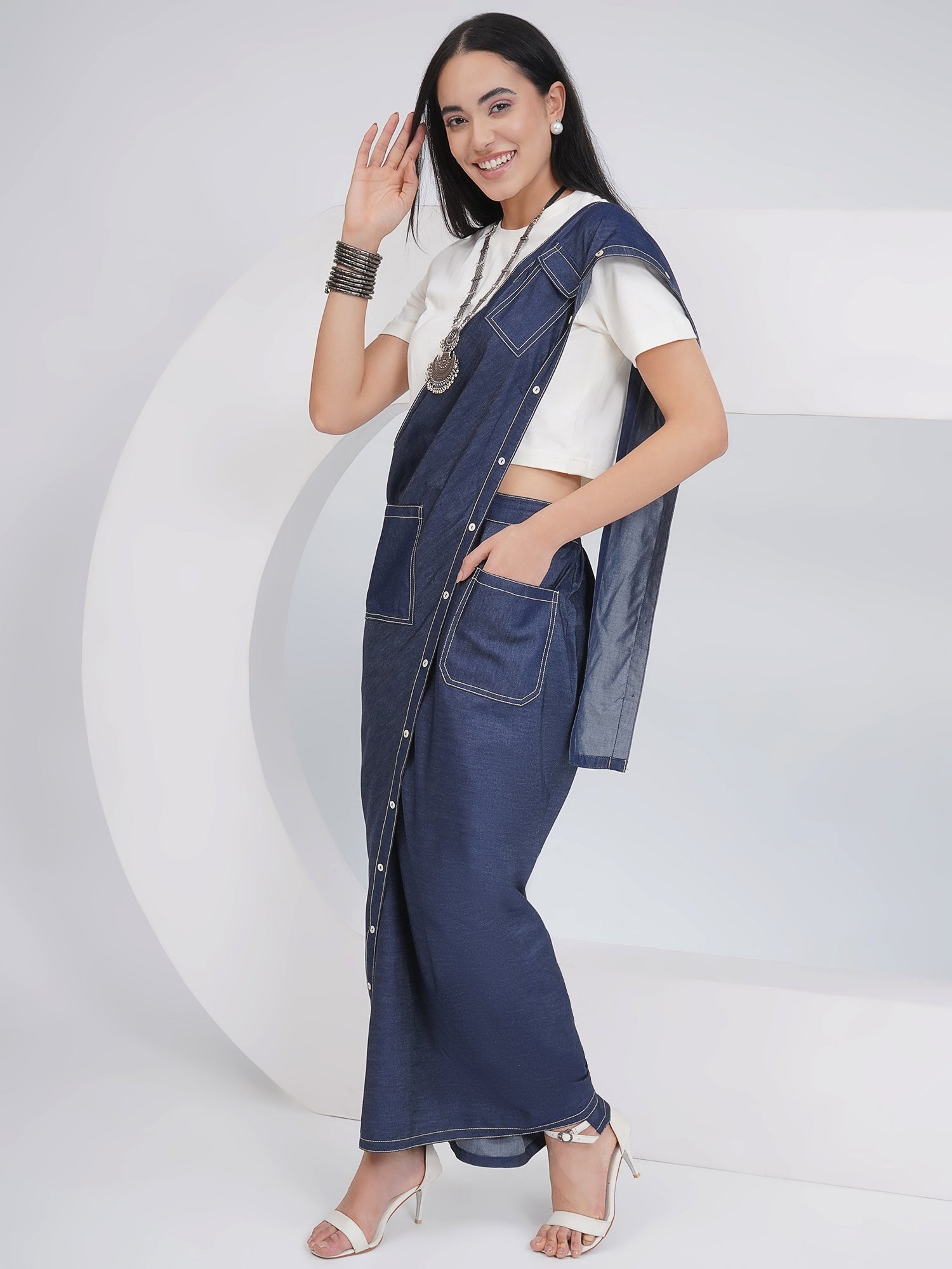 Ethnic Off White Denim Skirt Drape with Top