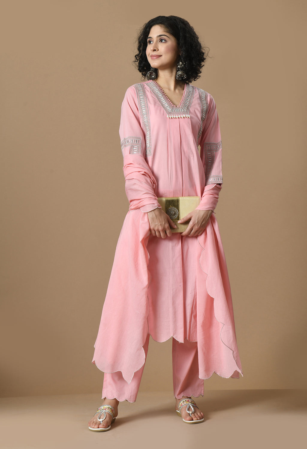 Women Self design Pink Cotton Kurta Set