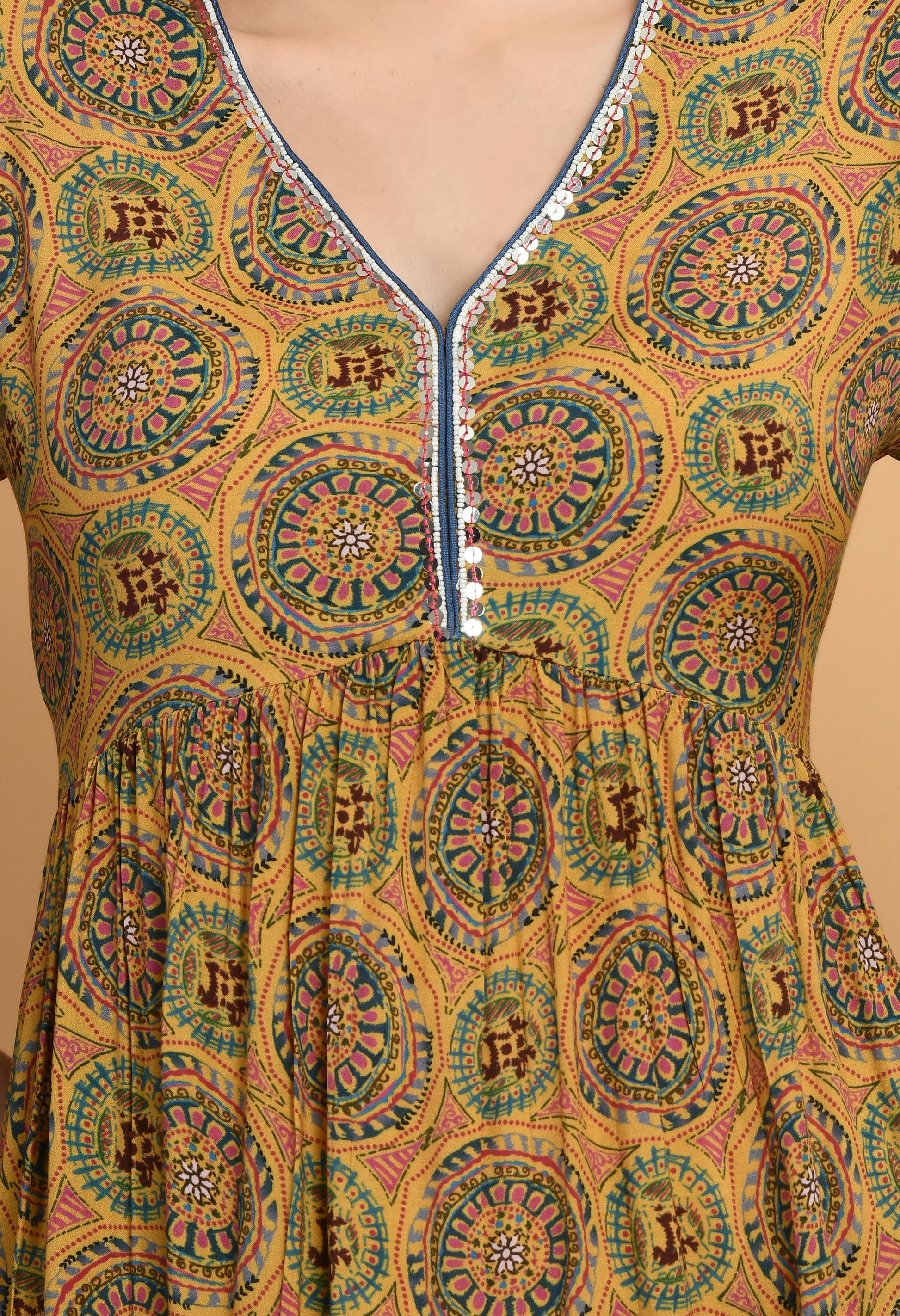 Women Printed Musturd V Neck Maslin Kurta Set