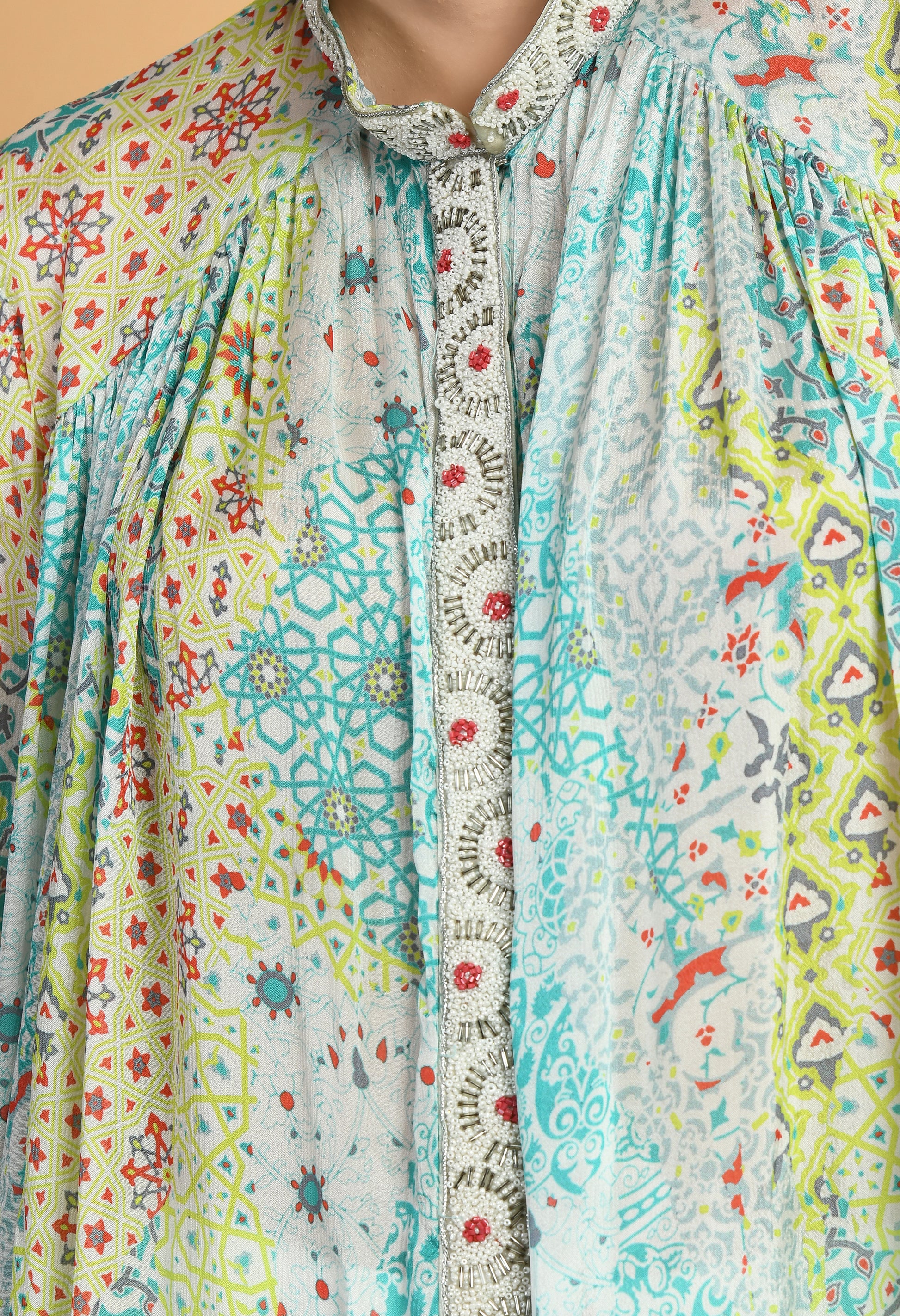 Women  Printed White Collar Neck Chinnon Kurta Set