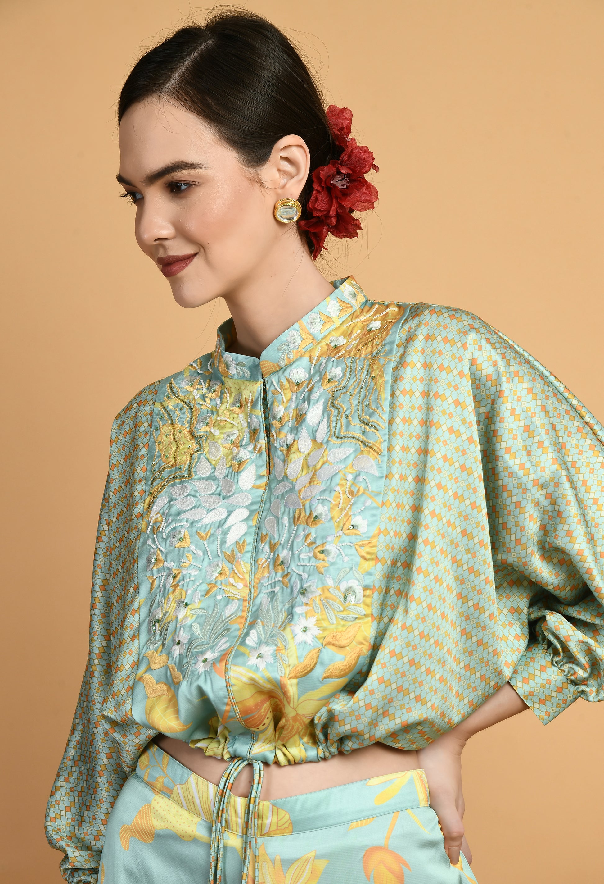 Women Printed Green Collar Neck Viscose Kurta Set