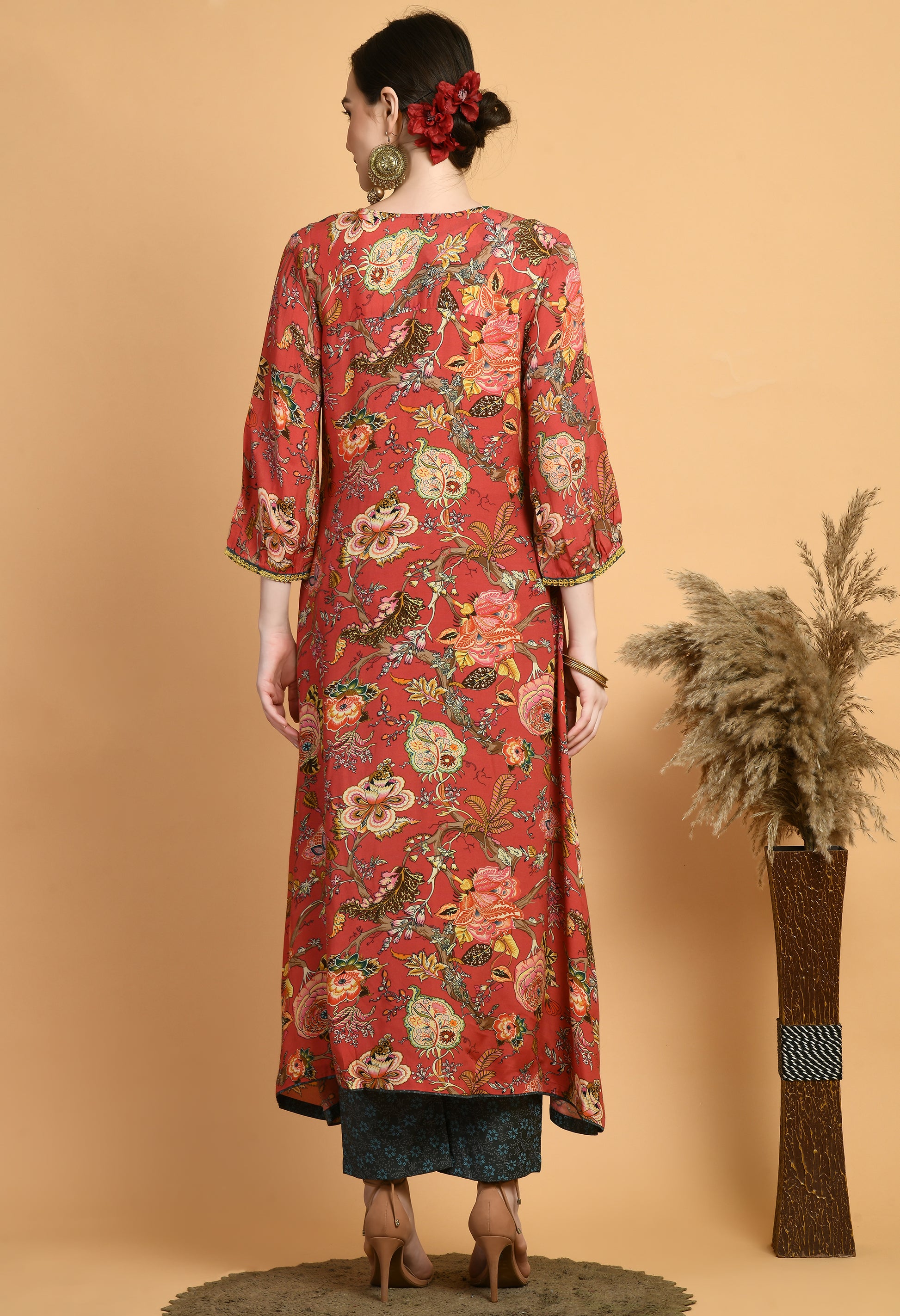 Women  Printed Red V Neck Maslin Kurta Set