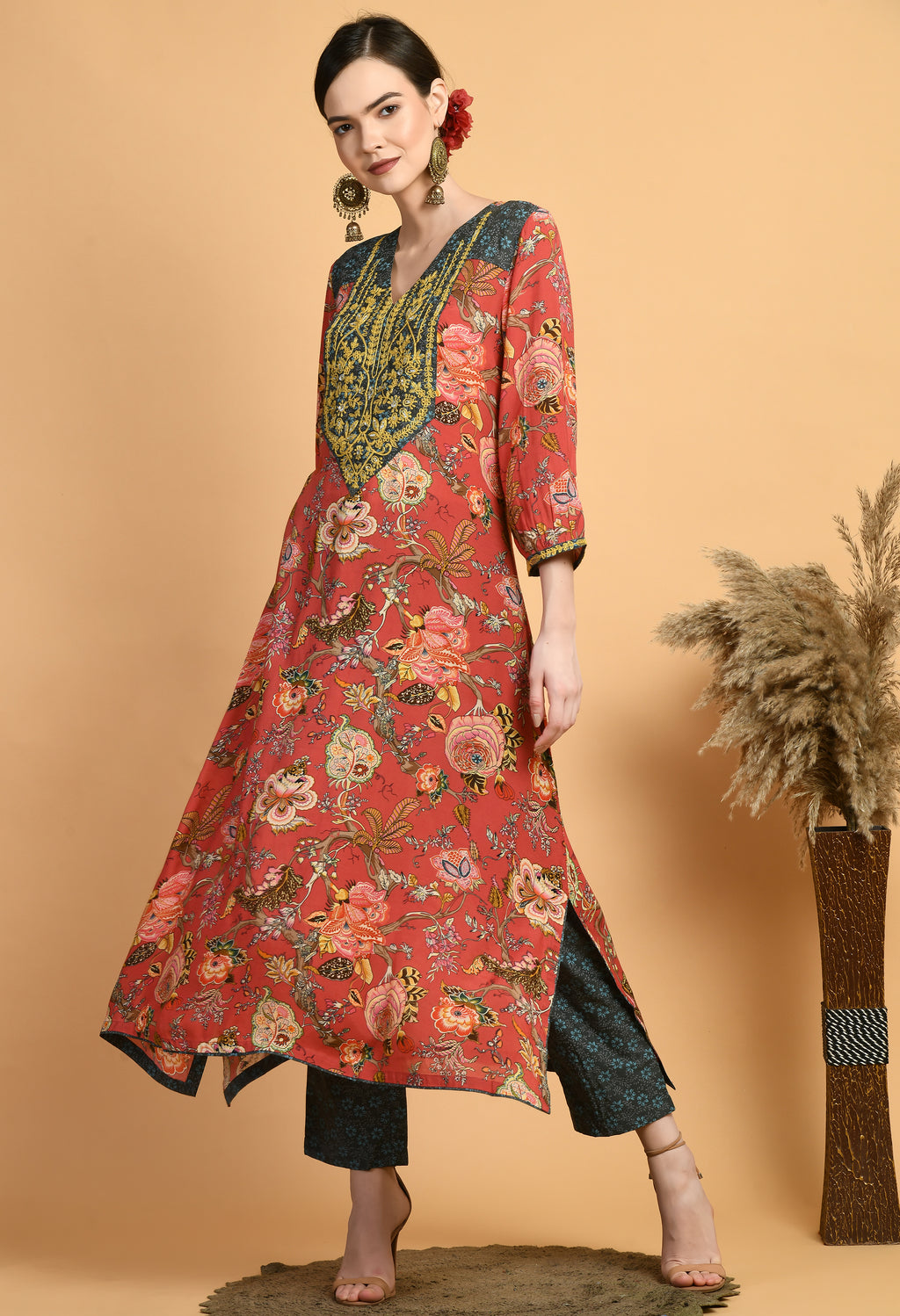 Women  Printed Red V Neck Maslin Kurta Set