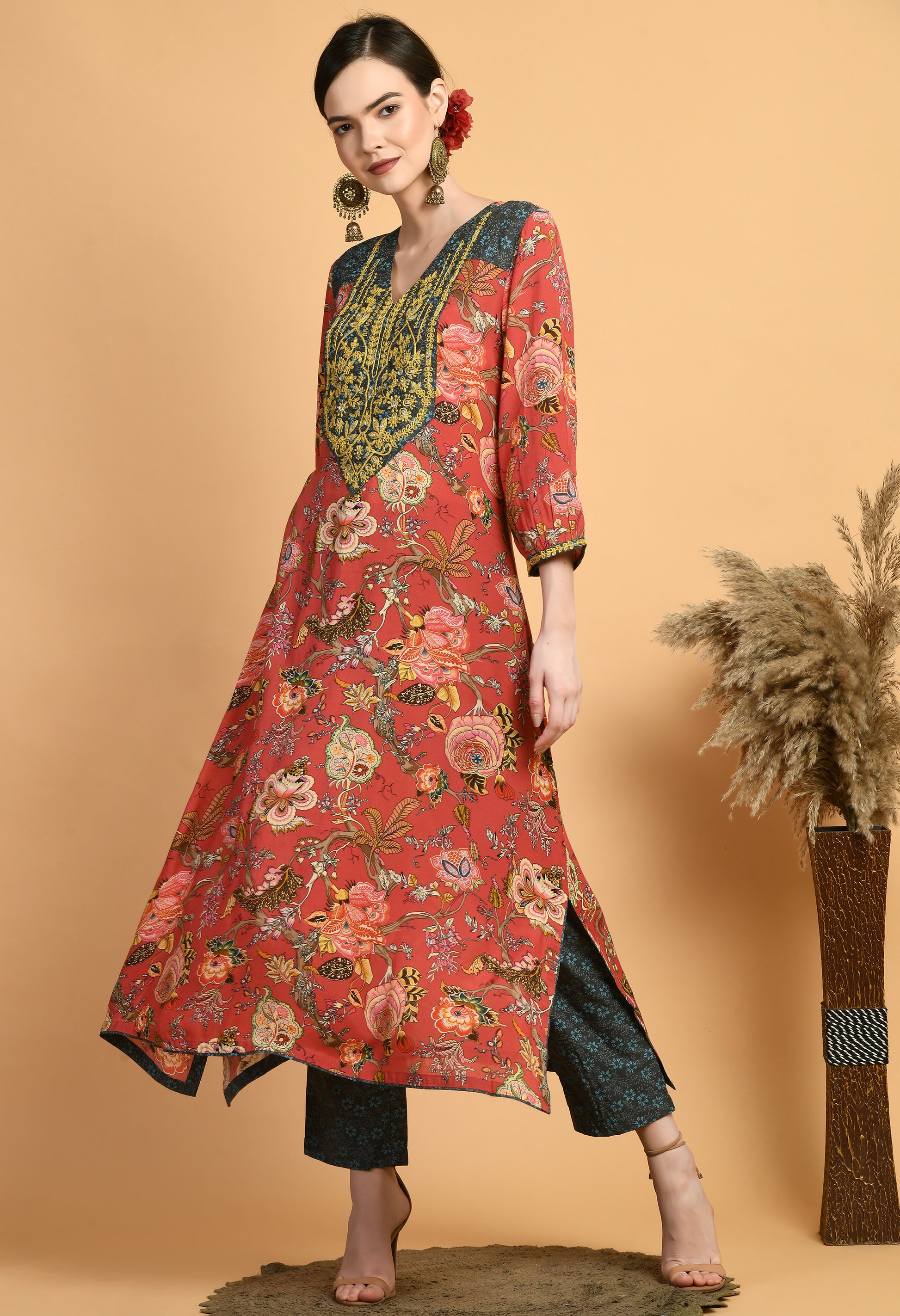 Women  Printed Red V Neck Maslin Kurta Set