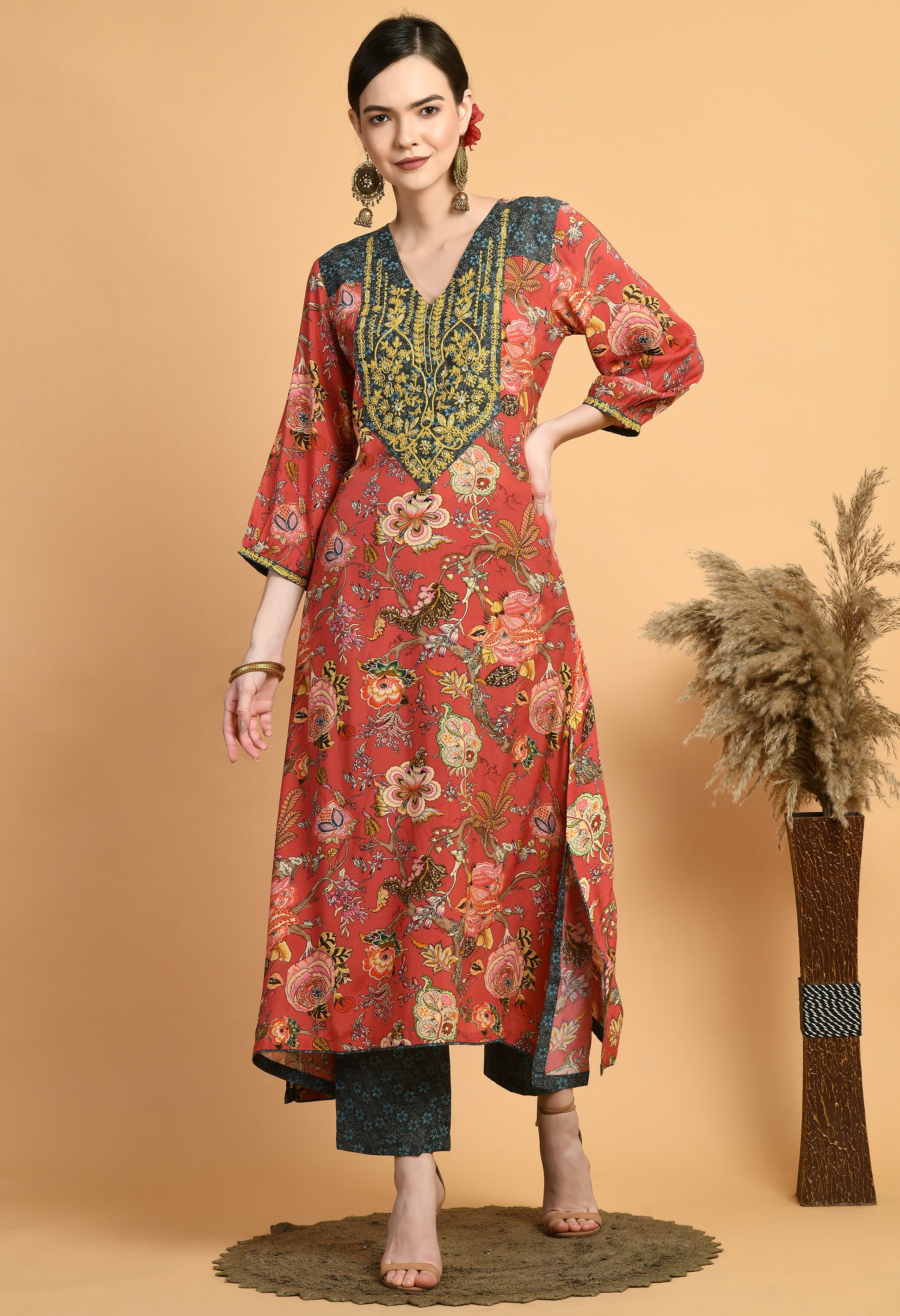 Women  Printed Red V Neck Maslin Kurta Set