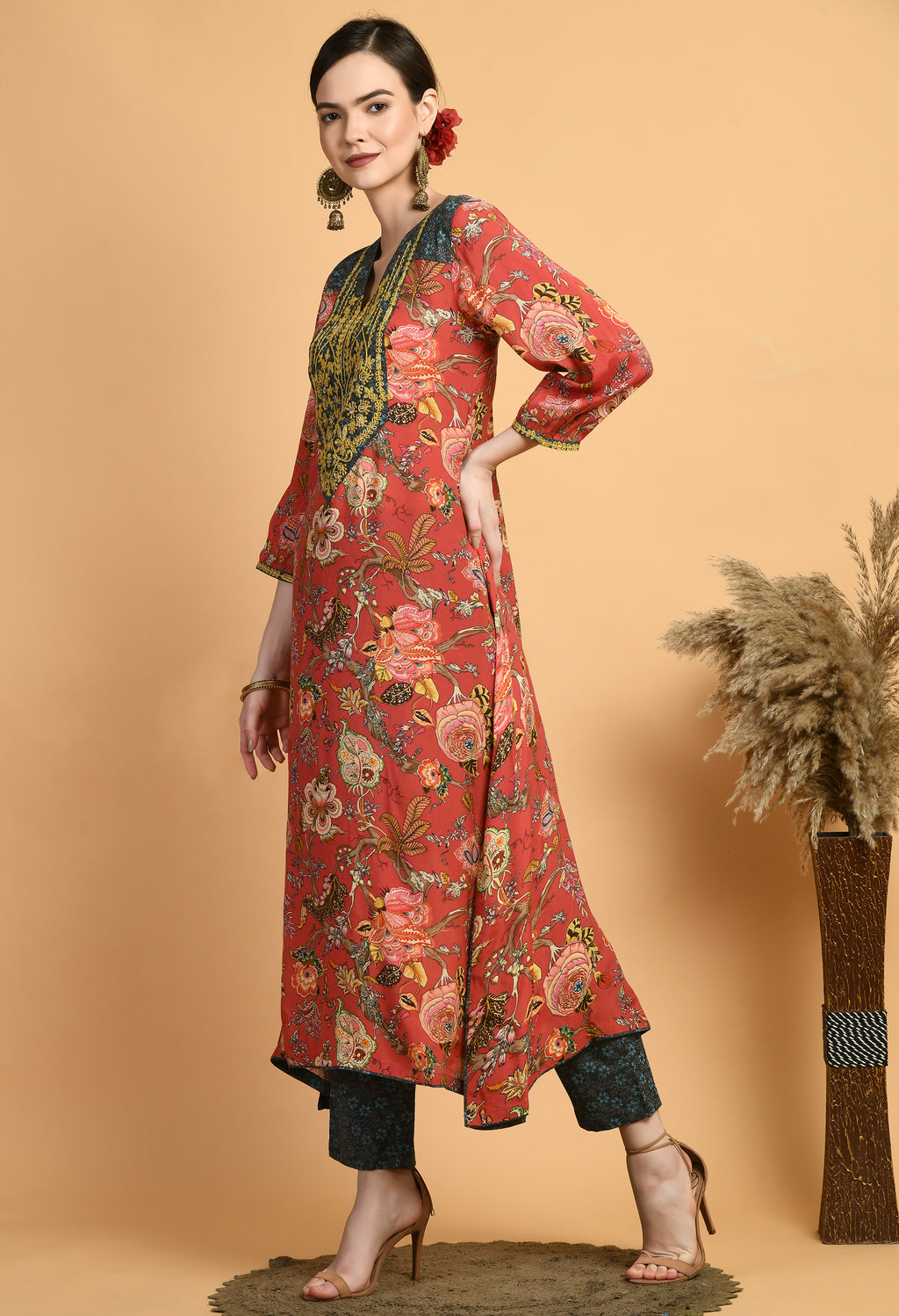 Women  Printed Red V Neck Maslin Kurta Set