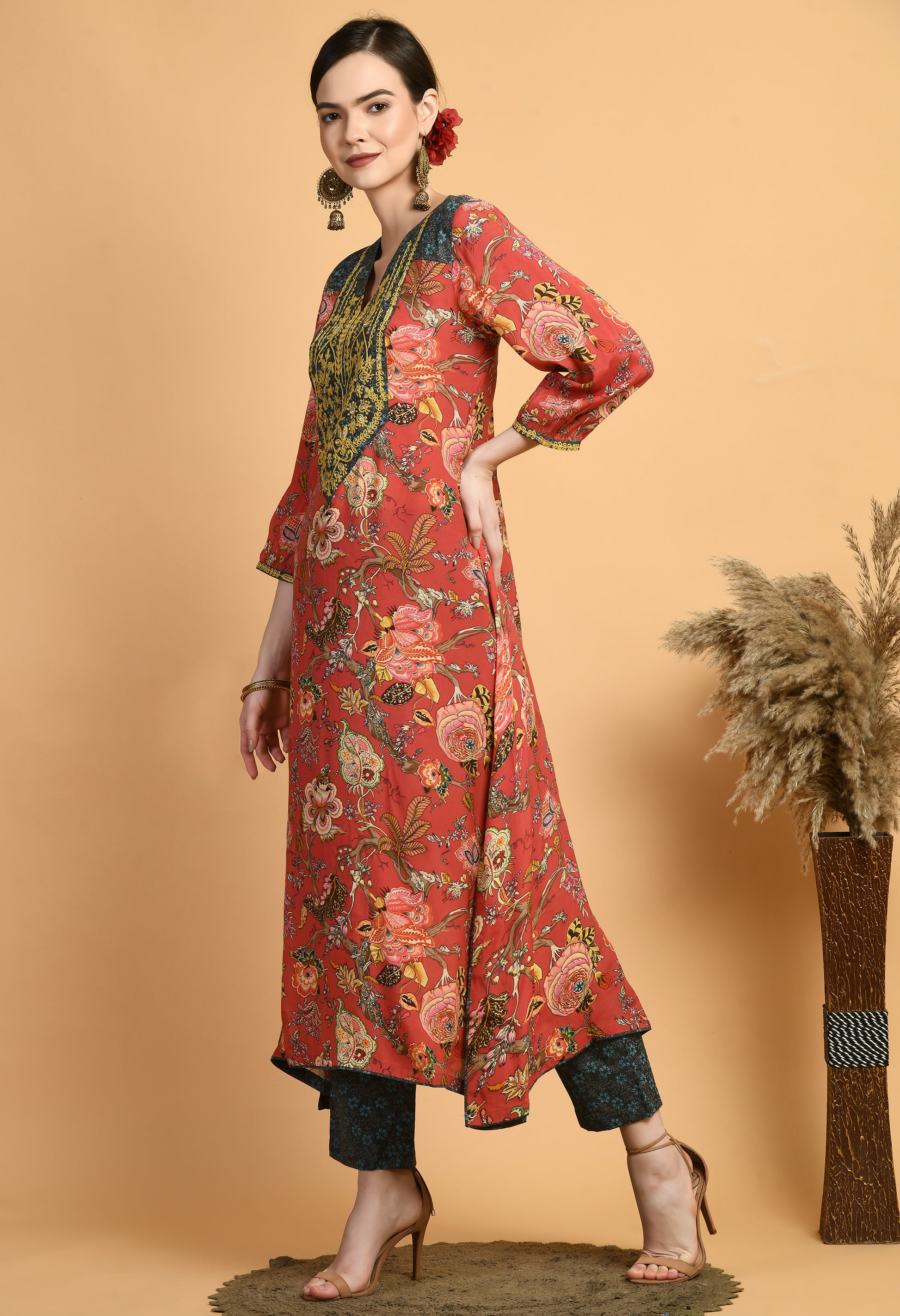 Women  Printed Red V Neck Maslin Kurta Set