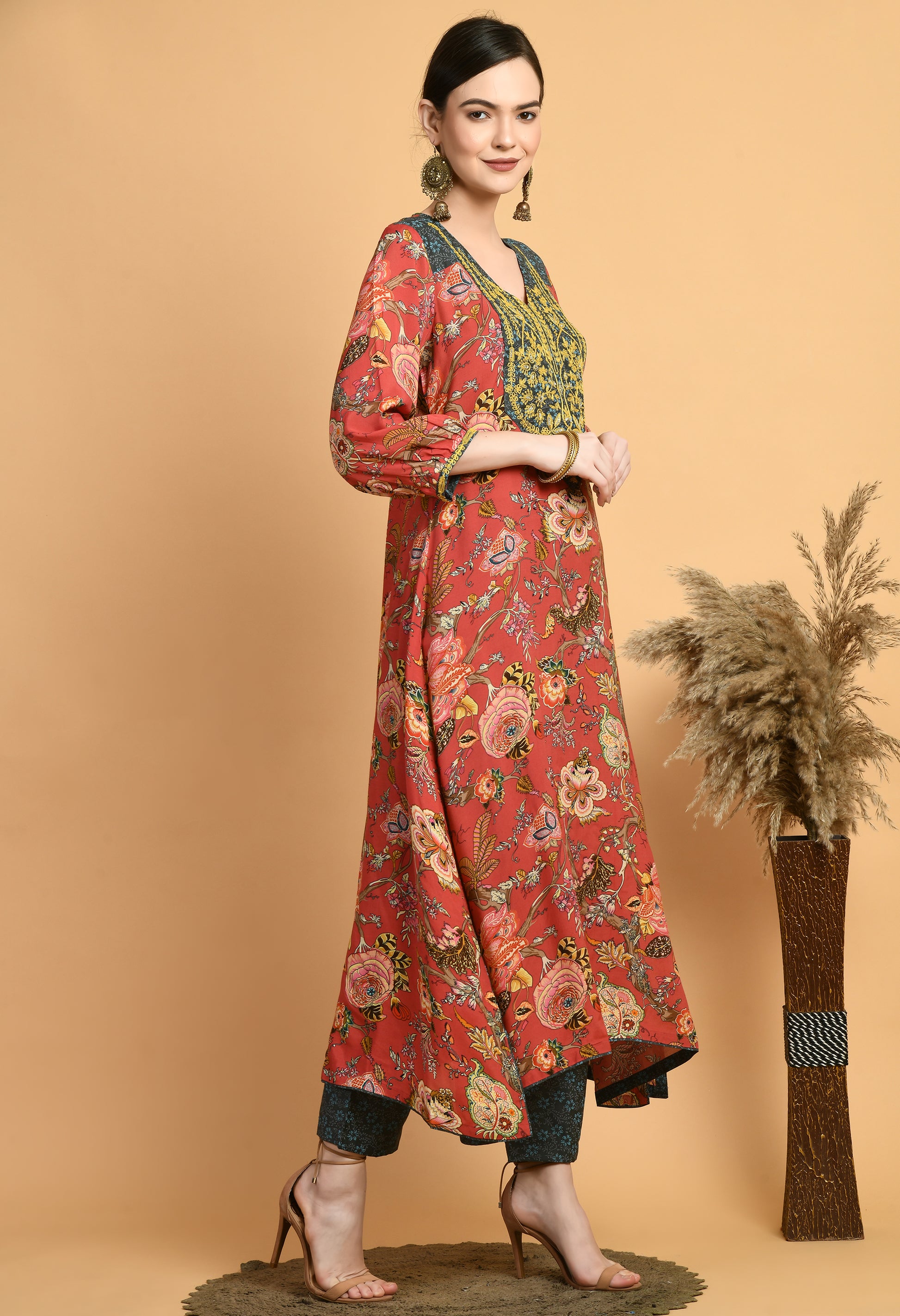 Women  Printed Red V Neck Maslin Kurta Set