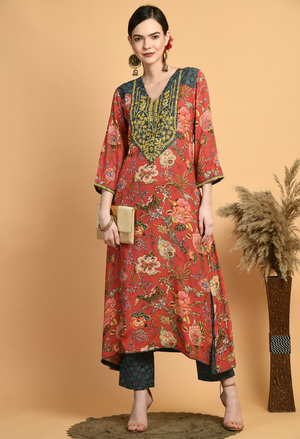Women  Printed Red V Neck Maslin Kurta Set