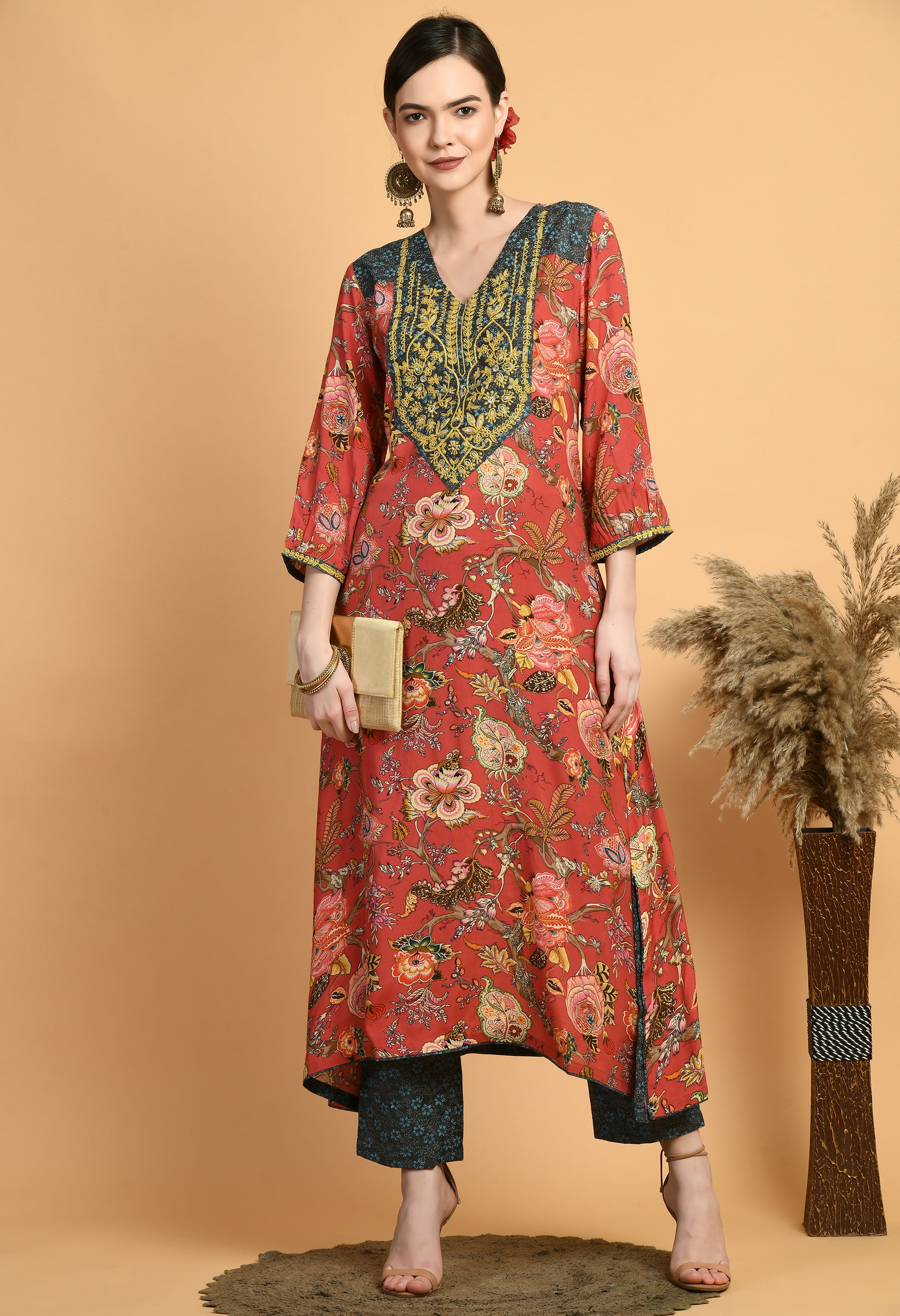 Women  Printed Red V Neck Maslin Kurta Set