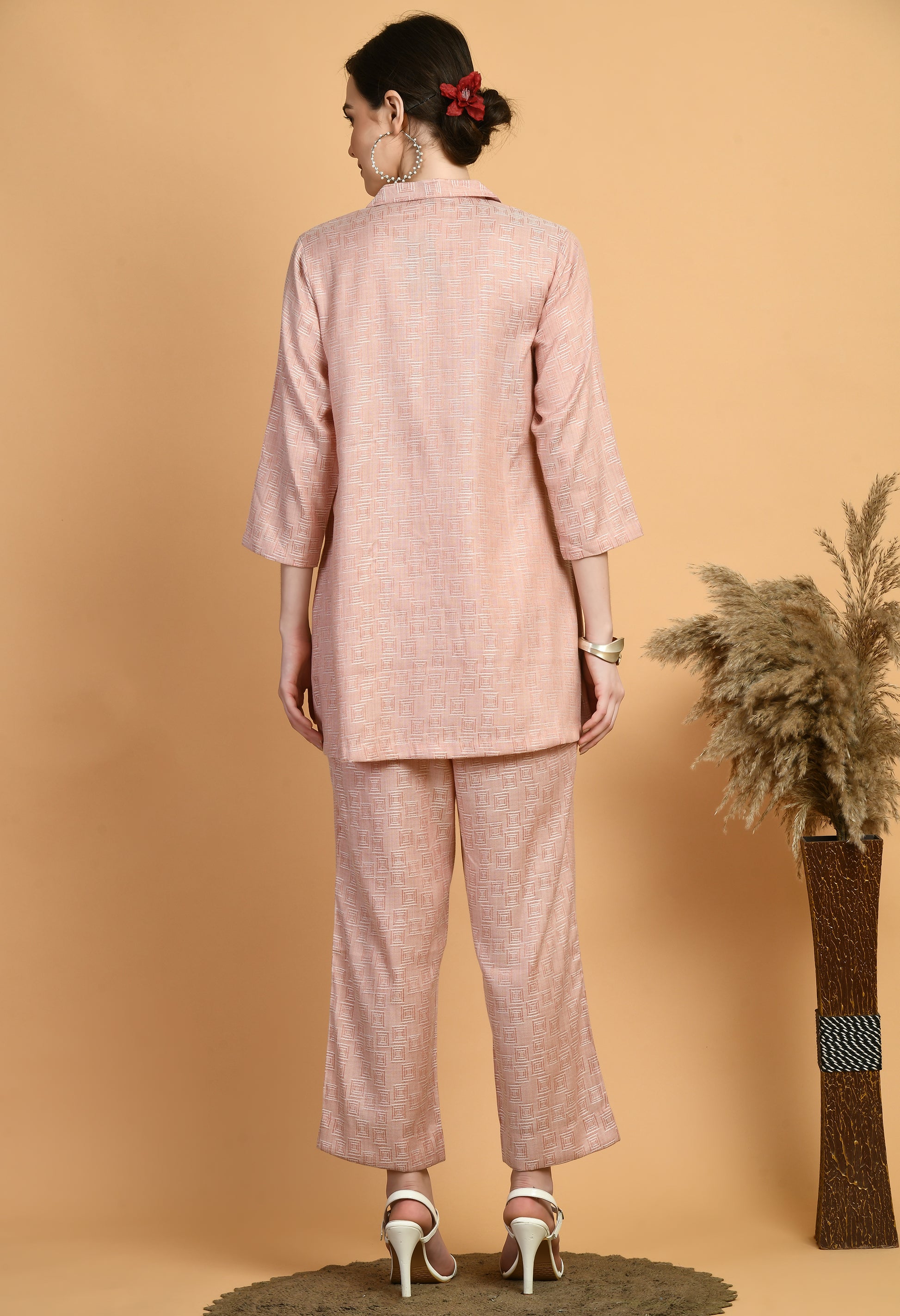 Women Embroidery Peach V Neck Cotton Kurta Set