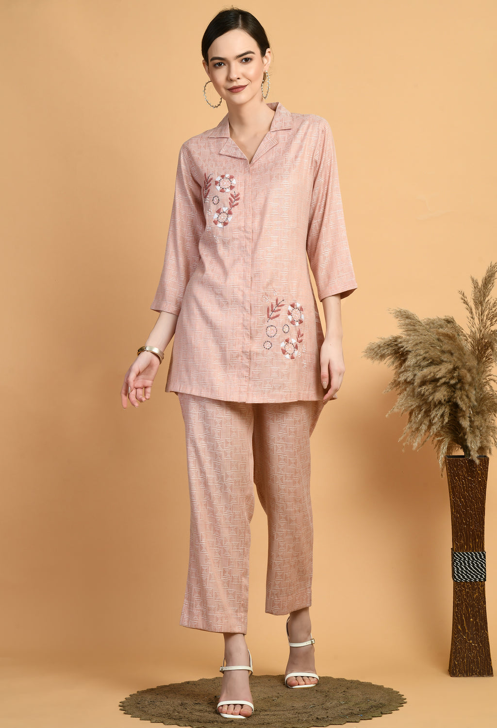 Women Embroidery Peach V Neck Cotton Kurta Set