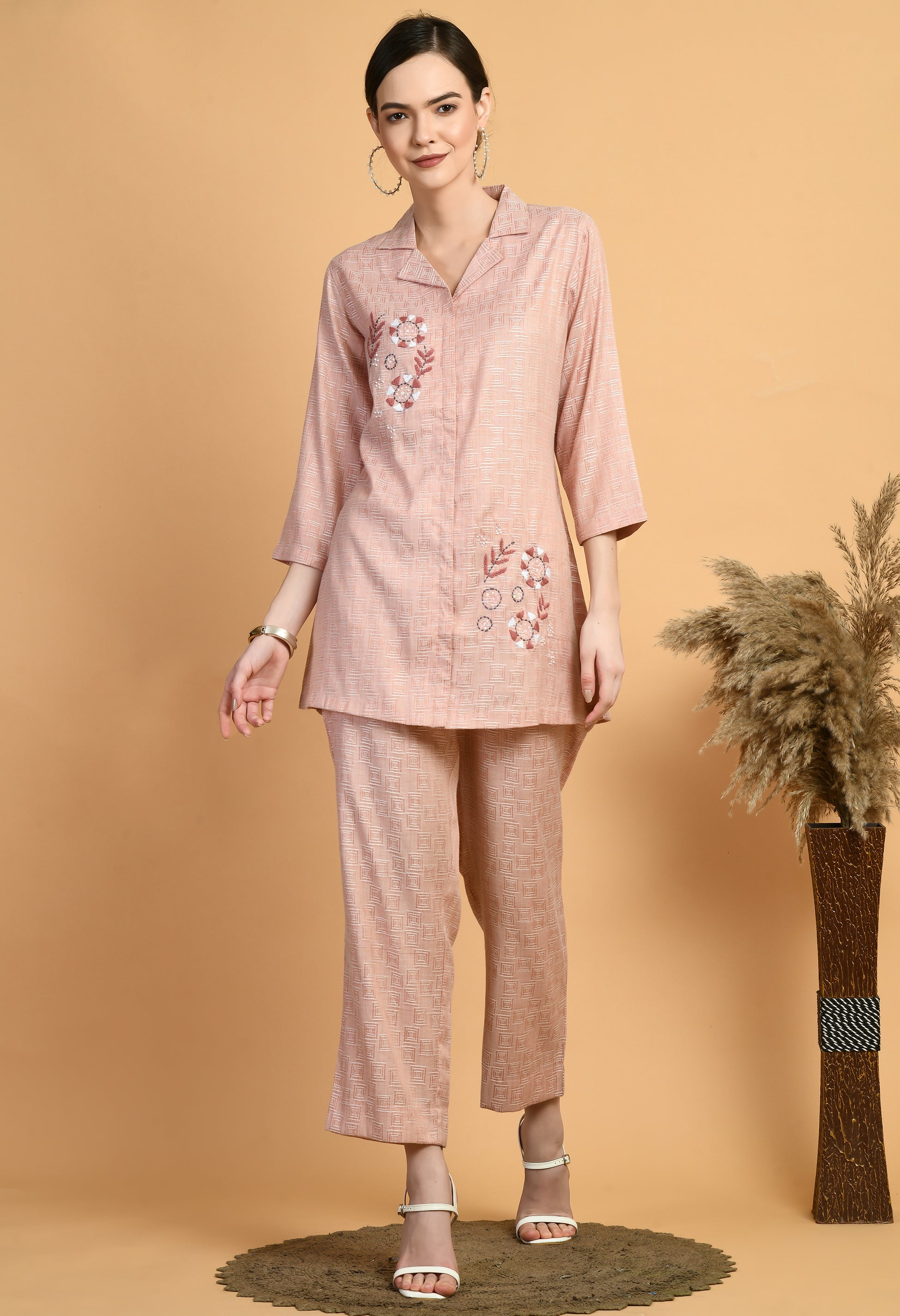 Women Embroidery Peach V Neck Cotton Kurta Set