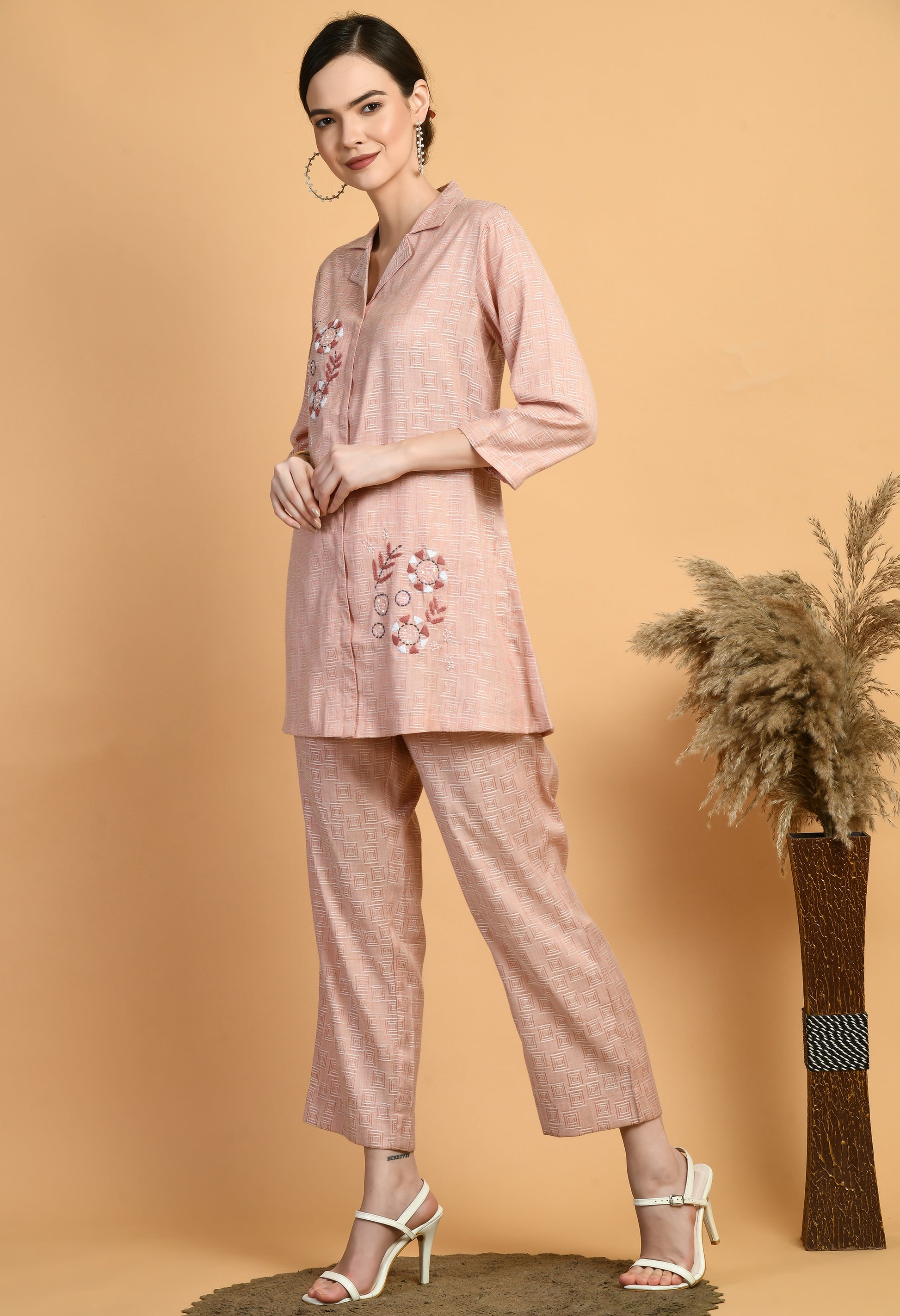 Women Embroidery Peach V Neck Cotton Kurta Set