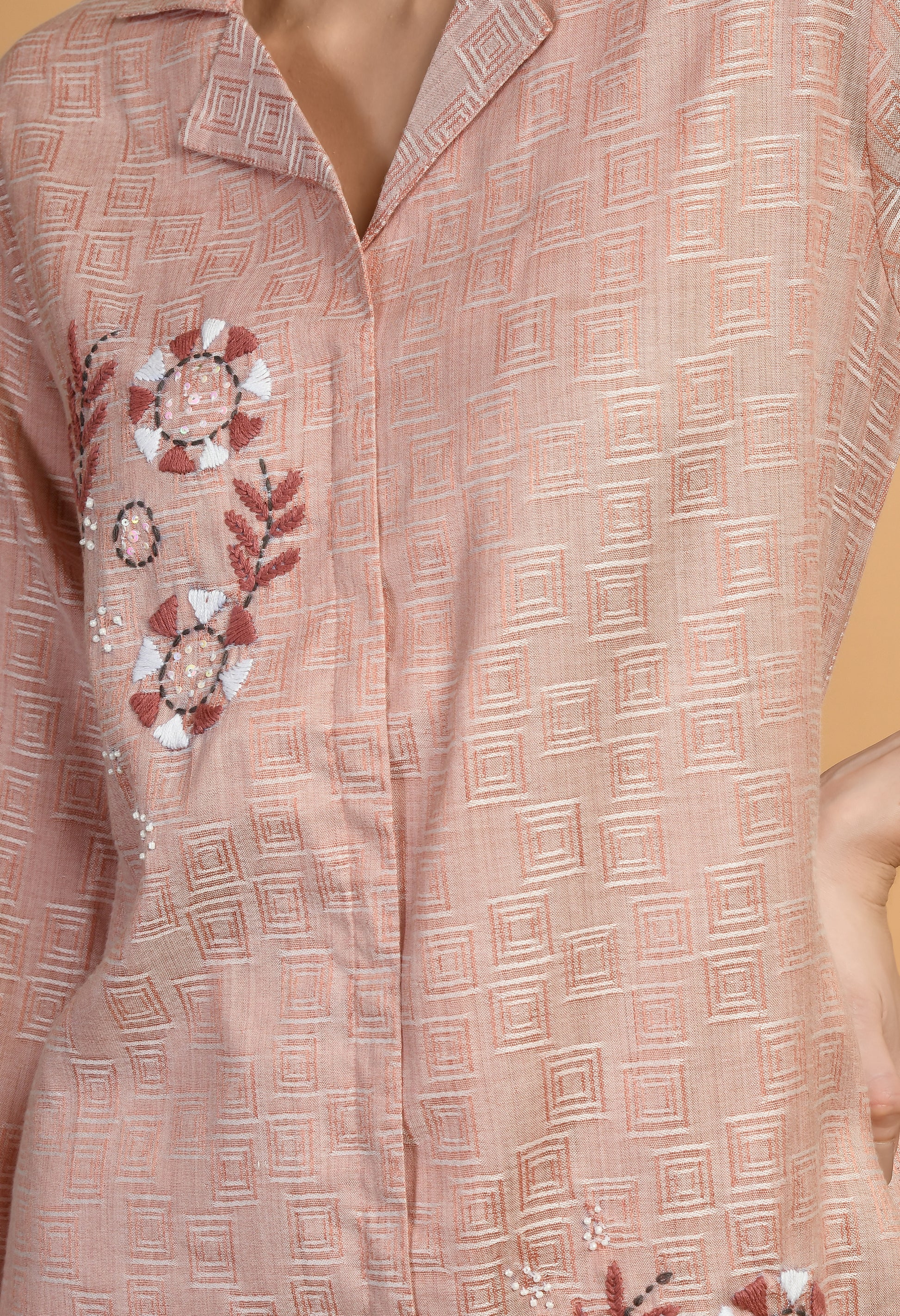 Women Embroidery Peach V Neck Cotton Kurta Set