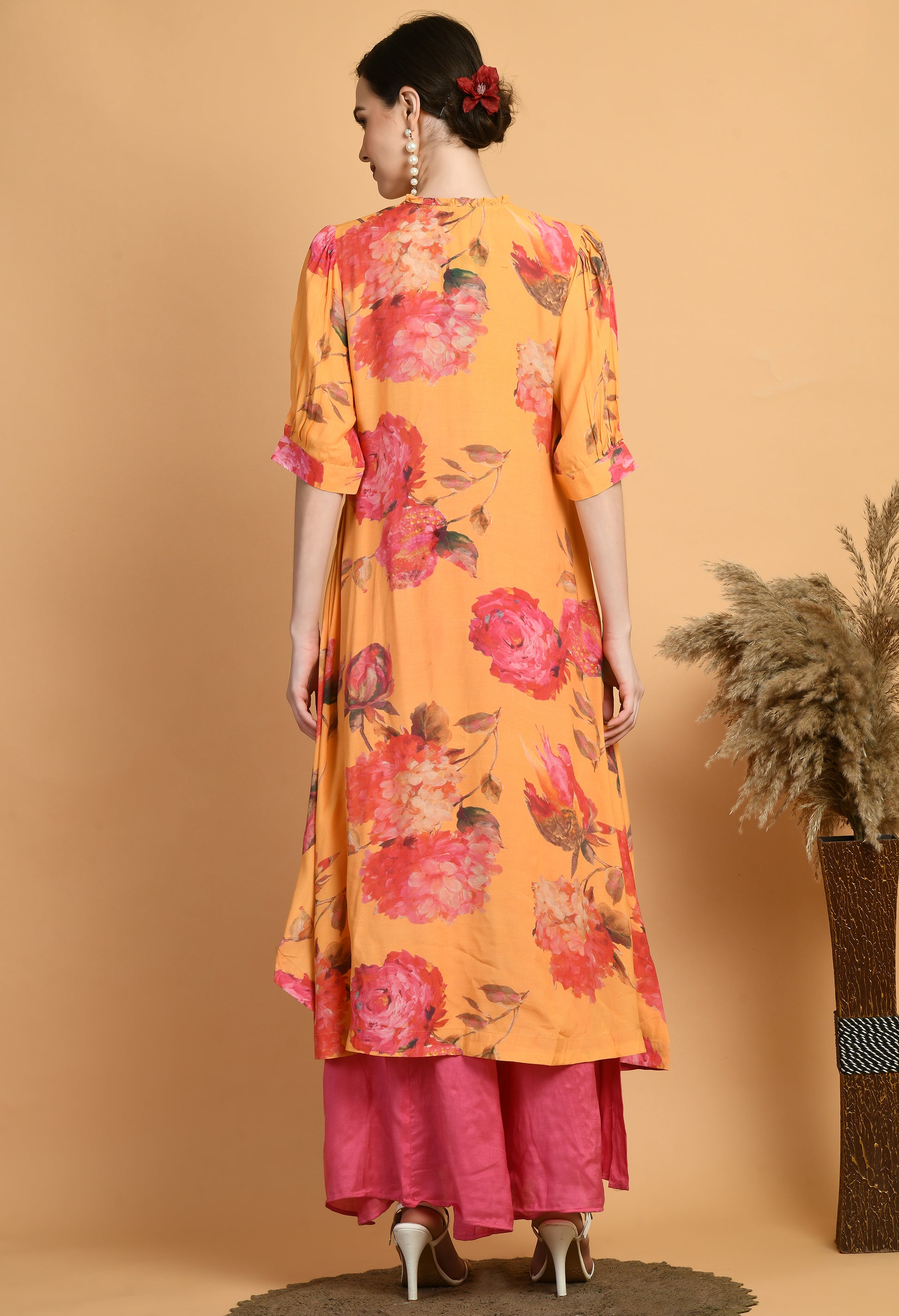 Women Printed Musturd Collar Neck Maslin Kurta Set