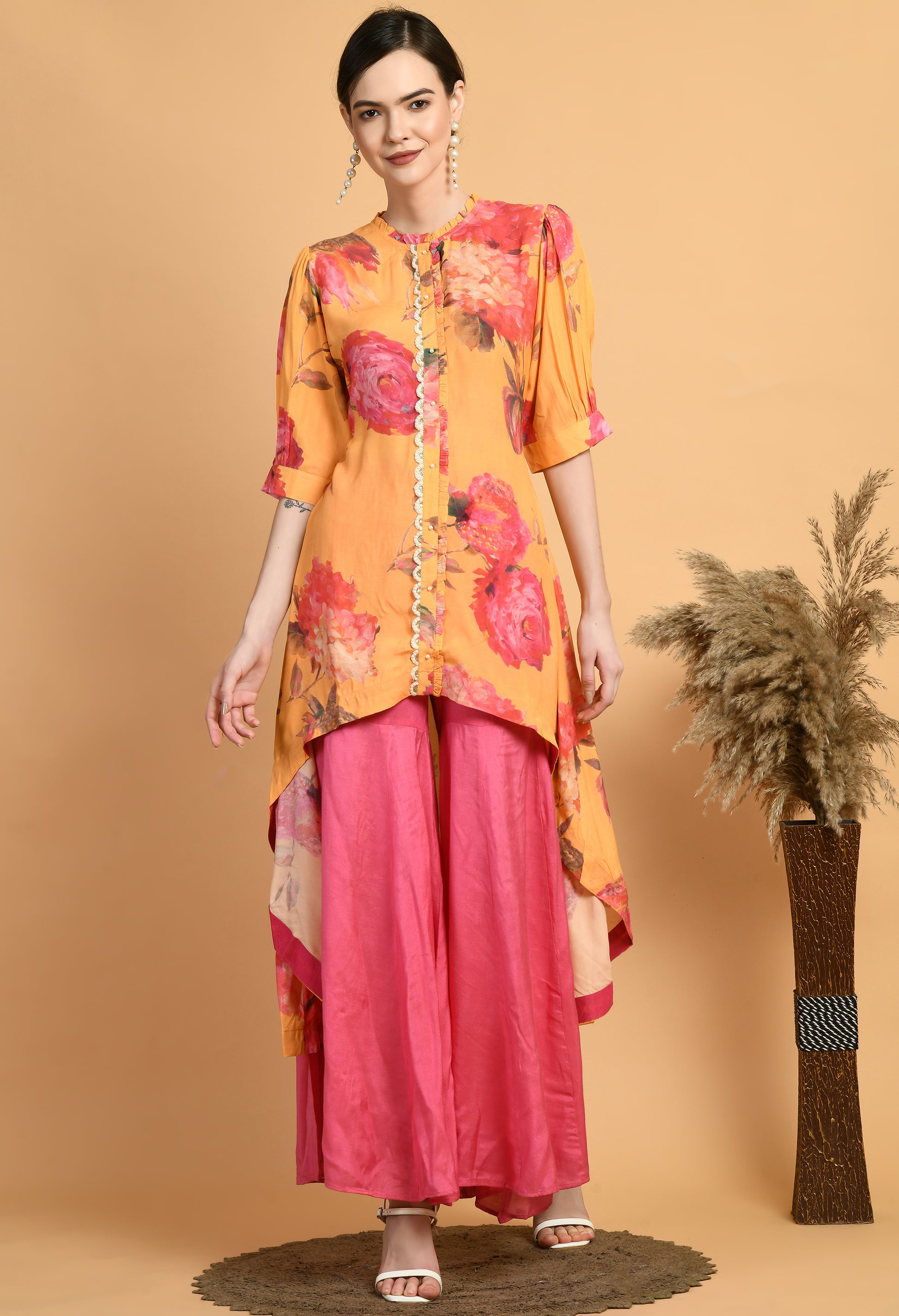 Women Printed Musturd Collar Neck Maslin Kurta Set