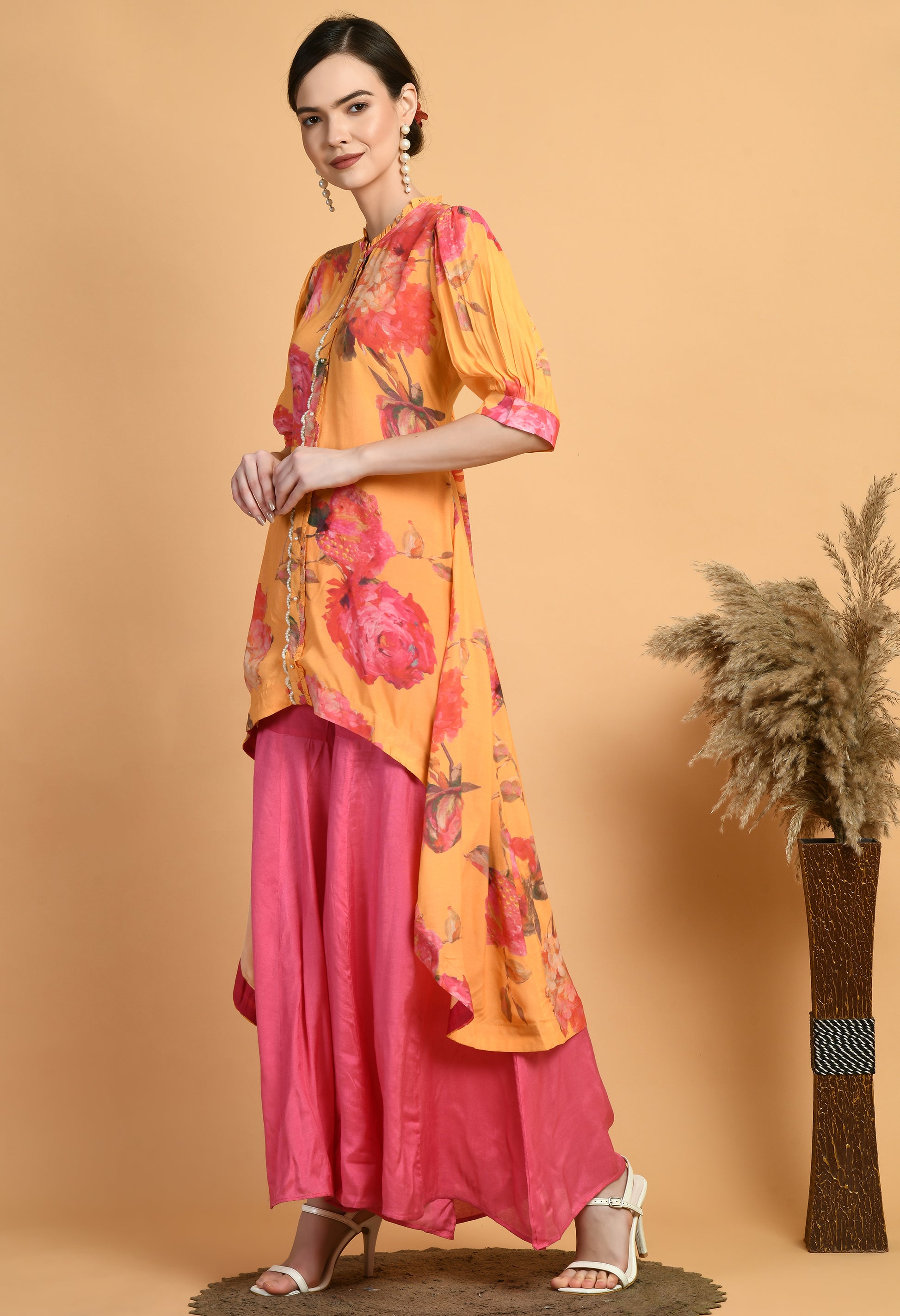 Women Printed Musturd Collar Neck Maslin Kurta Set