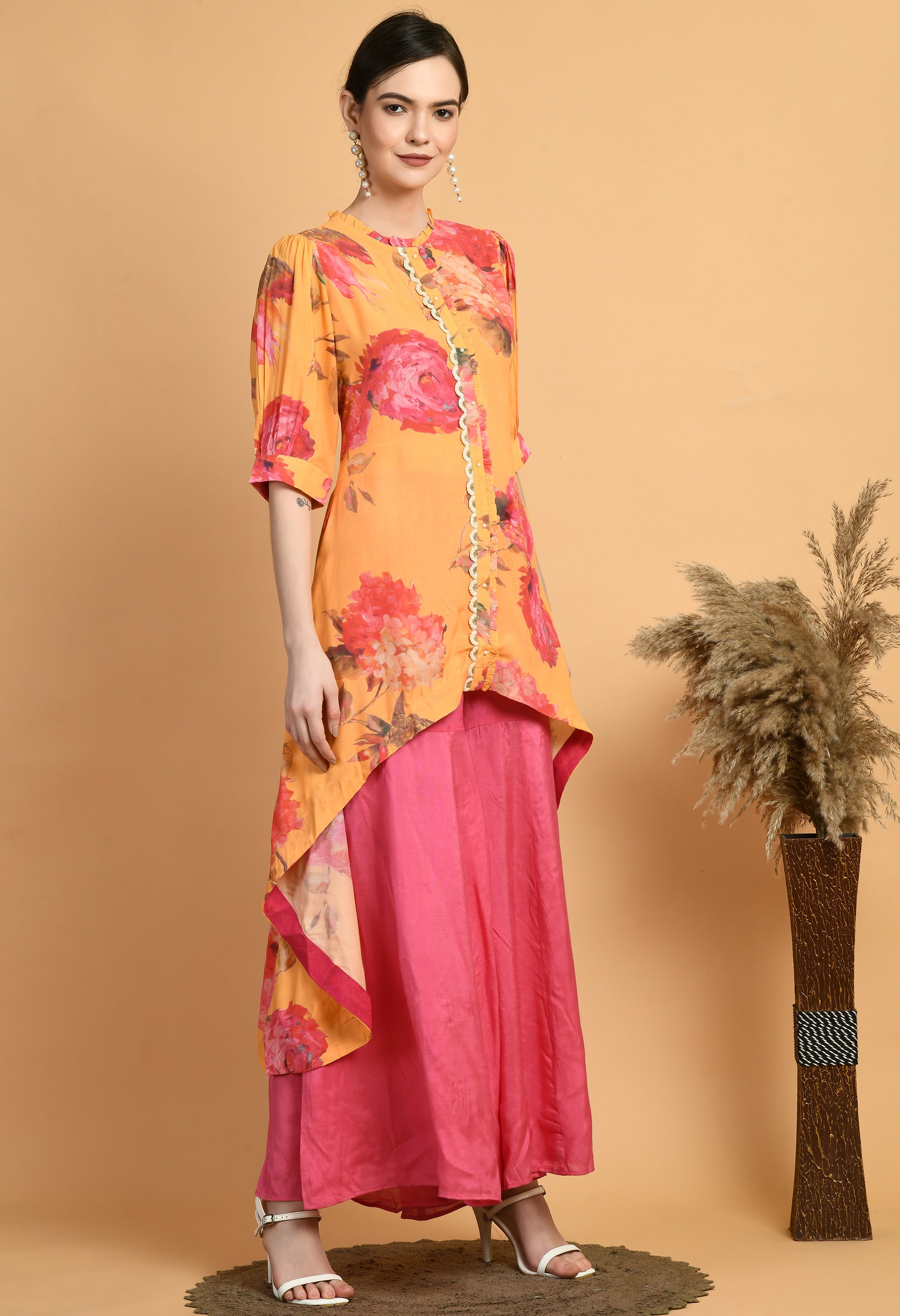 Women Printed Musturd Collar Neck Maslin Kurta Set
