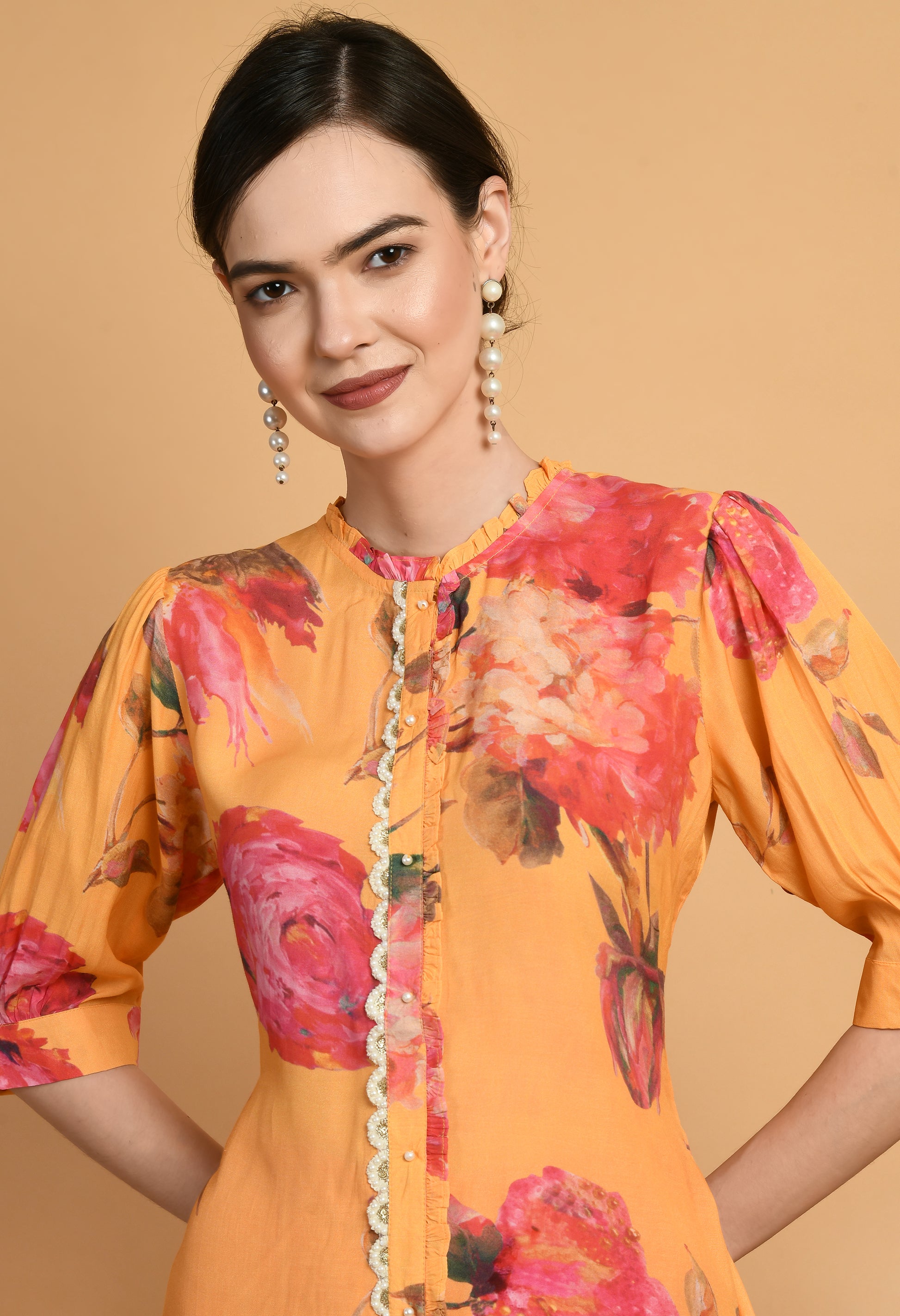 Women Printed Musturd Collar Neck Maslin Kurta Set
