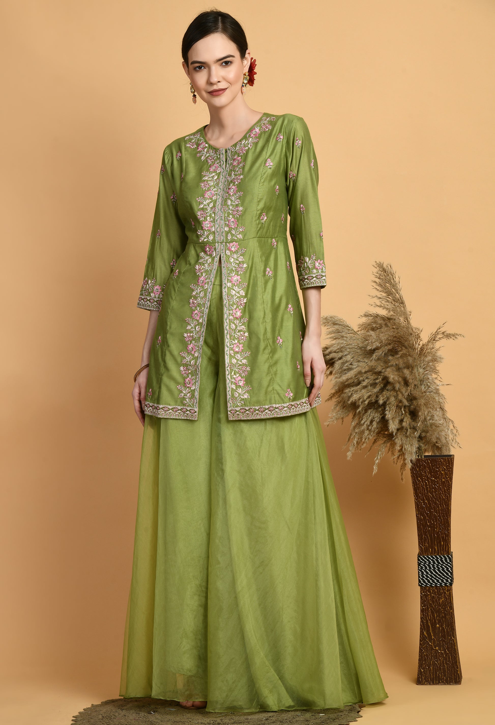 Green Chanderi Embroidery  Kurta Set