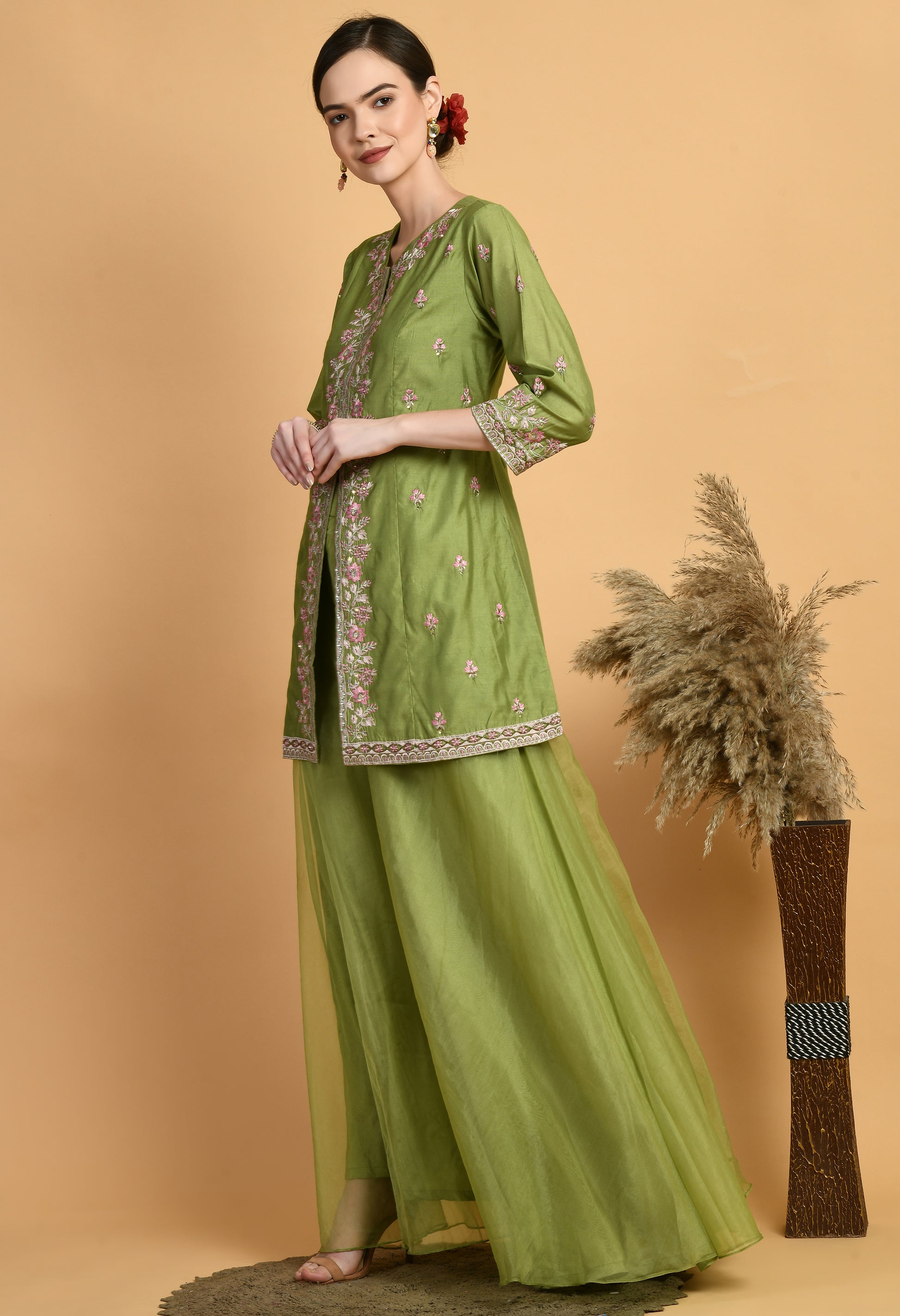 Green Chanderi Embroidery  Kurta Set
