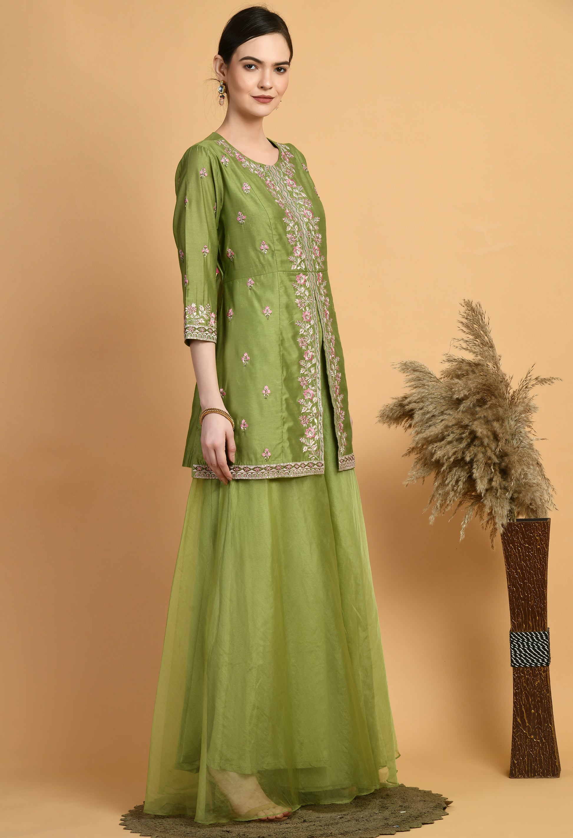 Green Chanderi Embroidery  Kurta Set