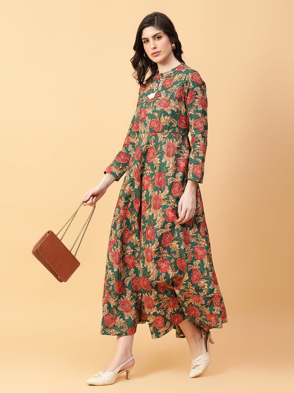 Green Cotton Printed Party Wear Dress