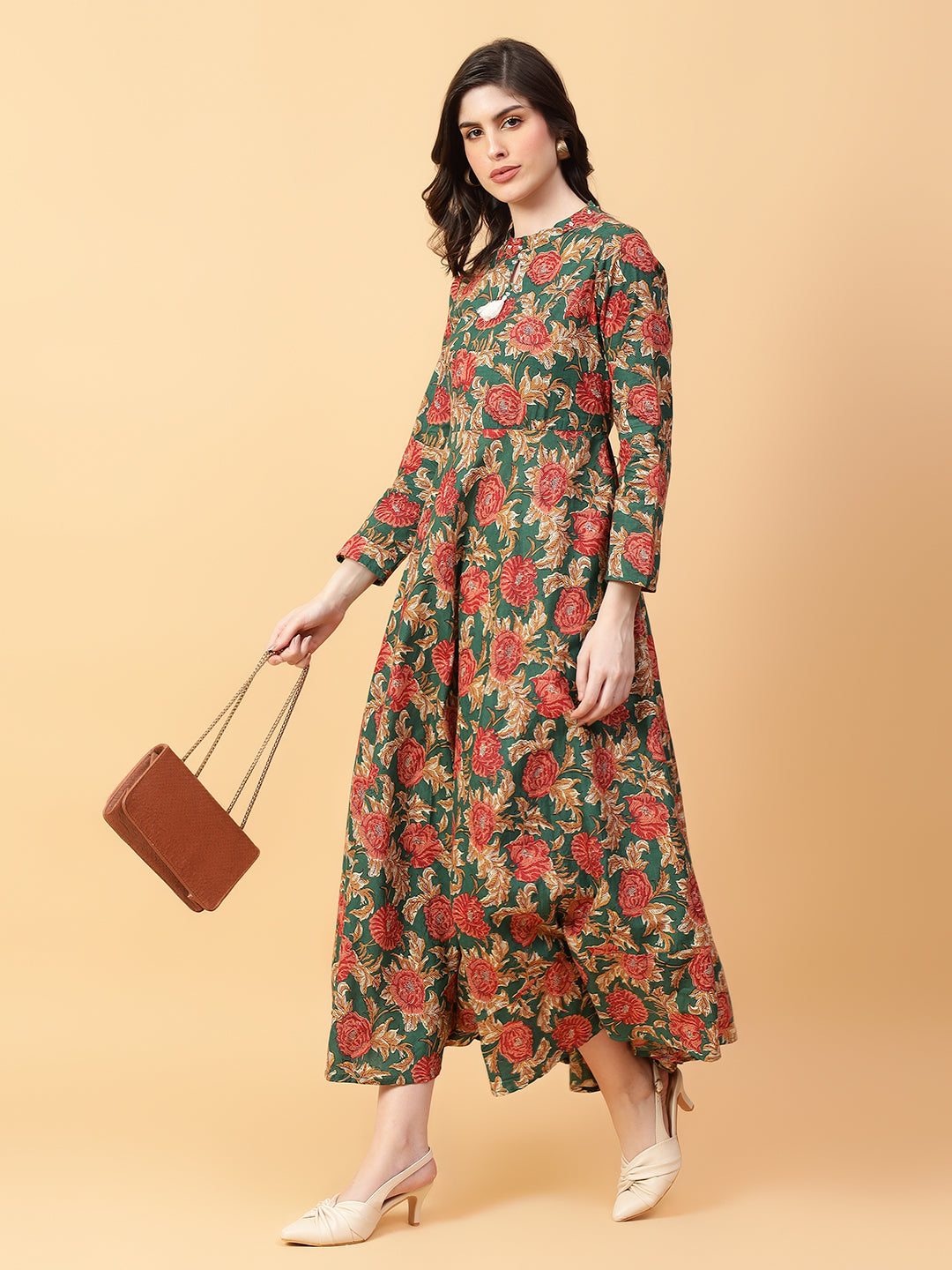 Green Cotton Printed Party Wear Dress