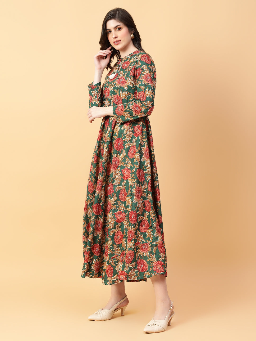 Green Cotton Printed Party Wear Dress