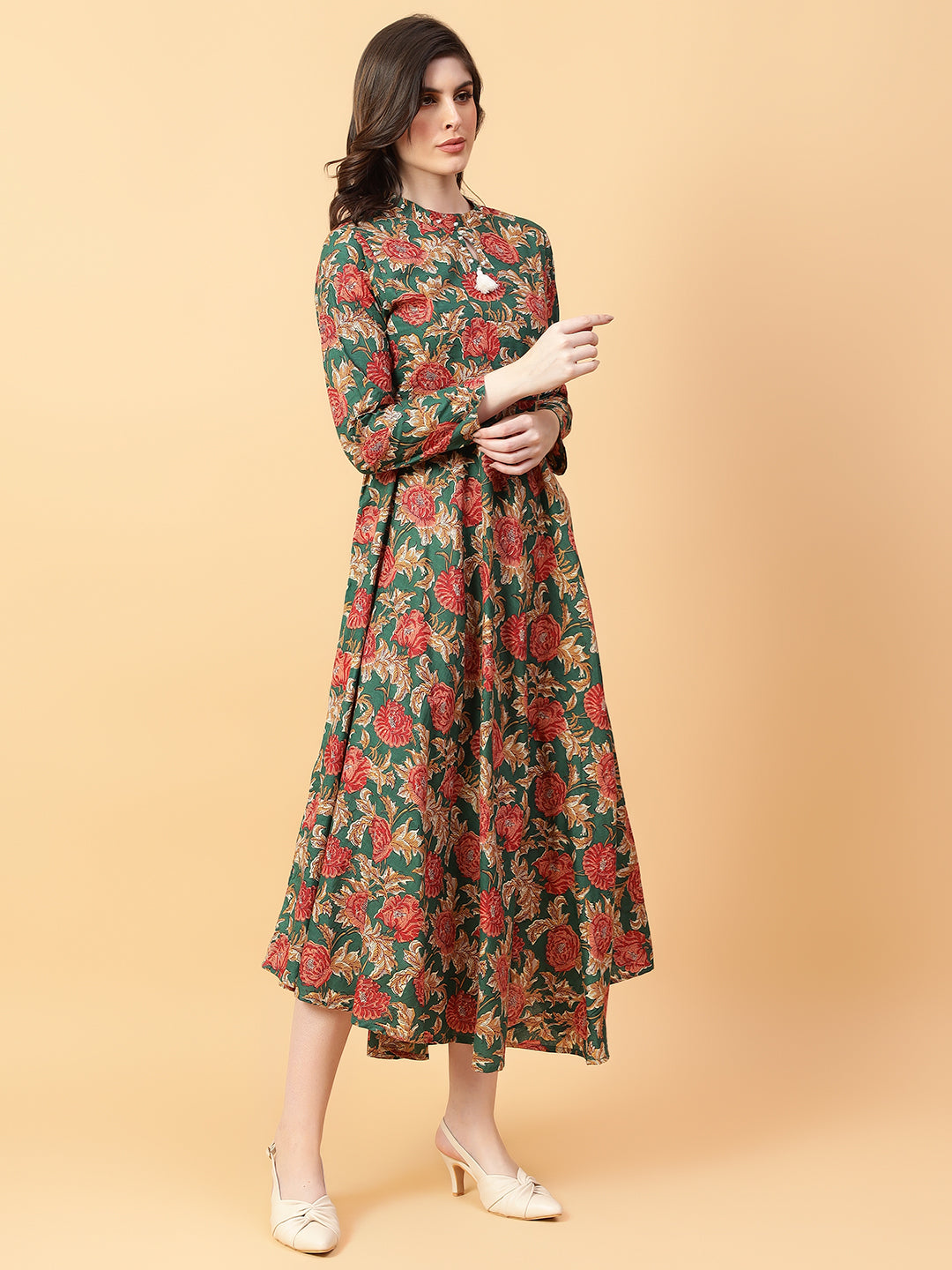 Green Cotton Printed Party Wear Dress