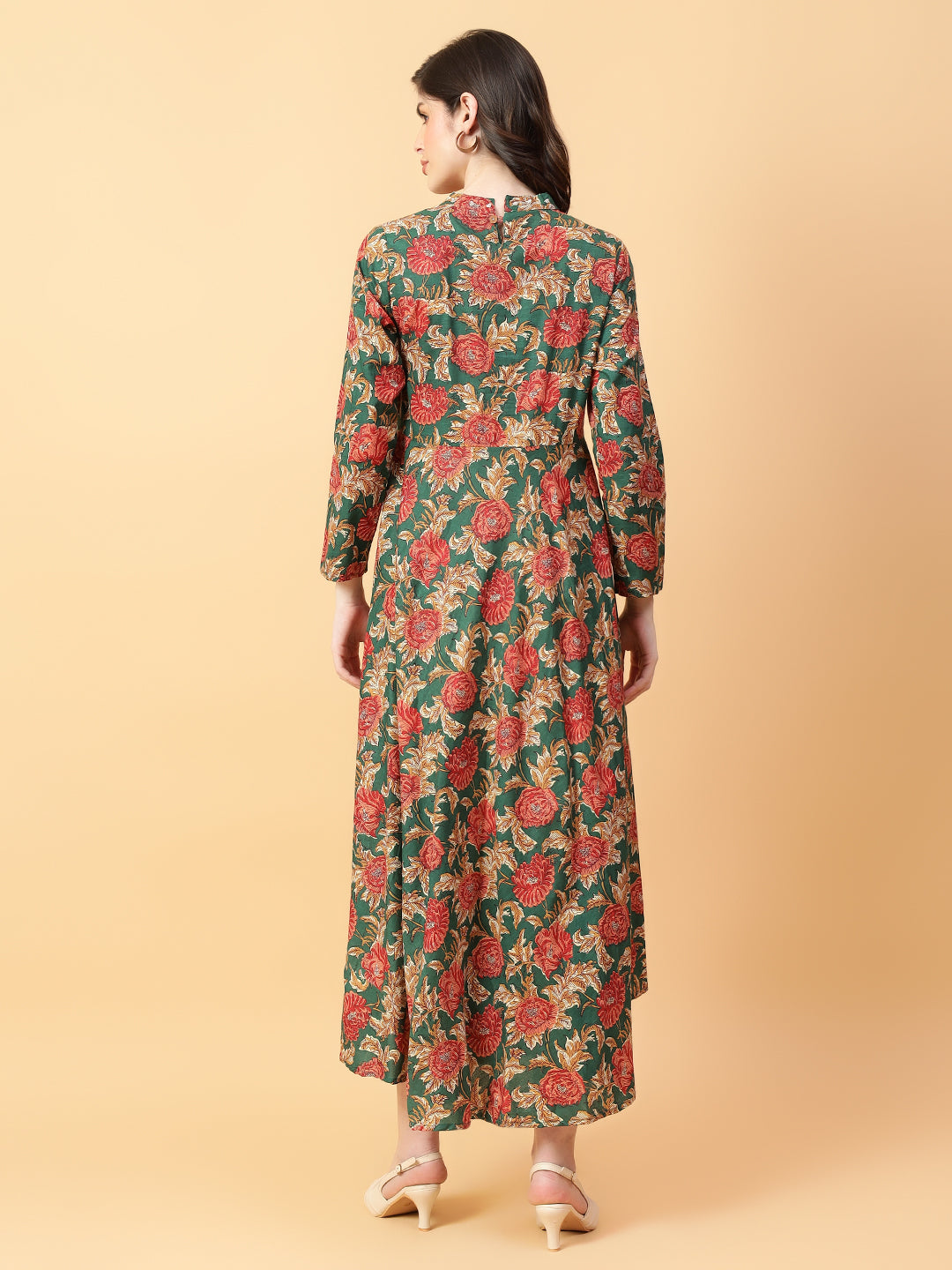 Green Cotton Printed Party Wear Dress