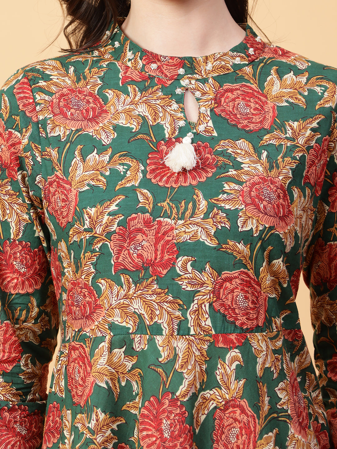 Green Cotton Printed Party Wear Dress