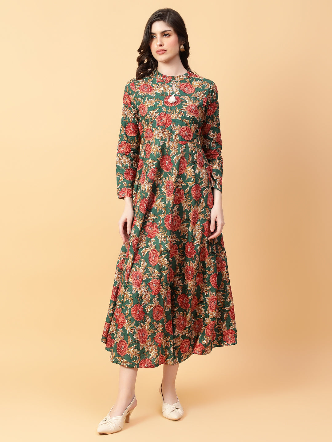 Green Cotton Printed Party Wear Dress