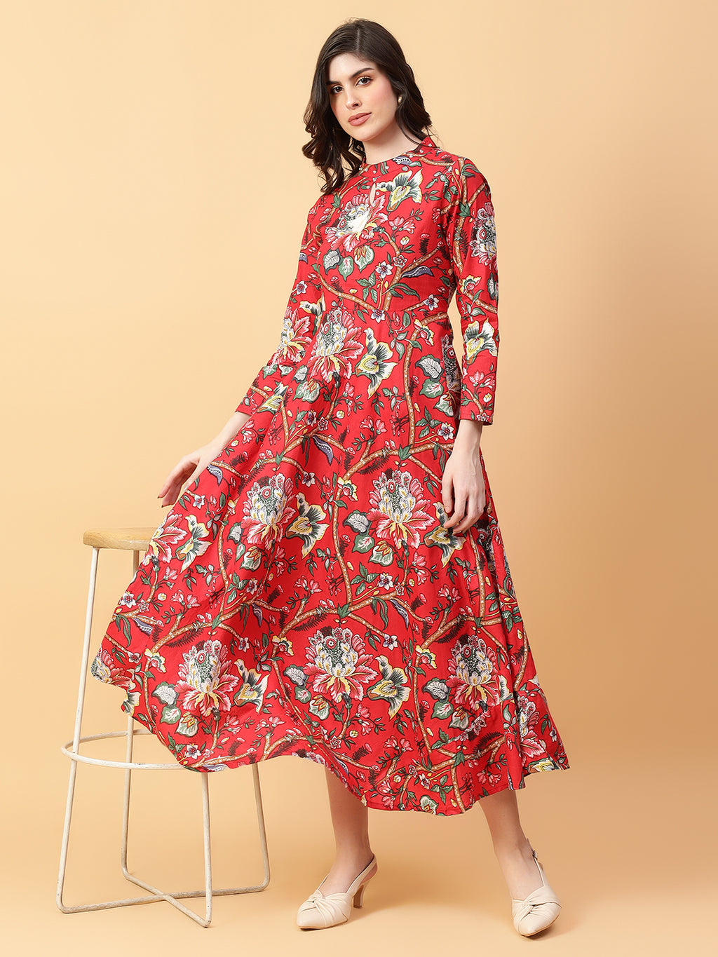 Red Cotton Printed & Hand Work Party wear dresses