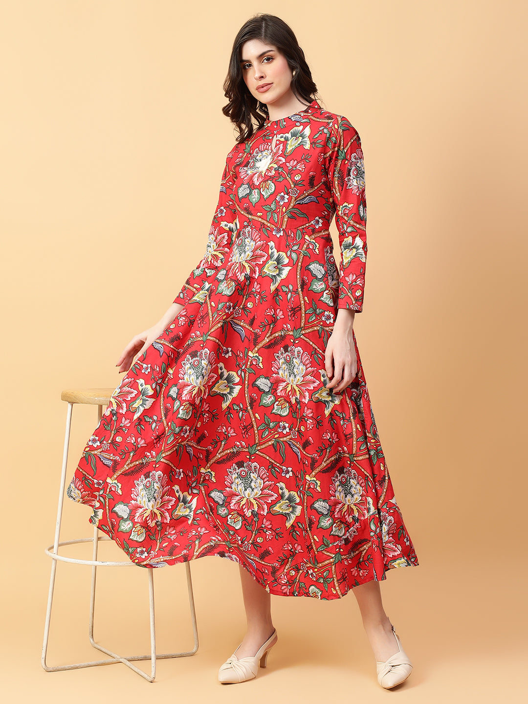 Red Cotton Printed & Hand Work Party wear dresses