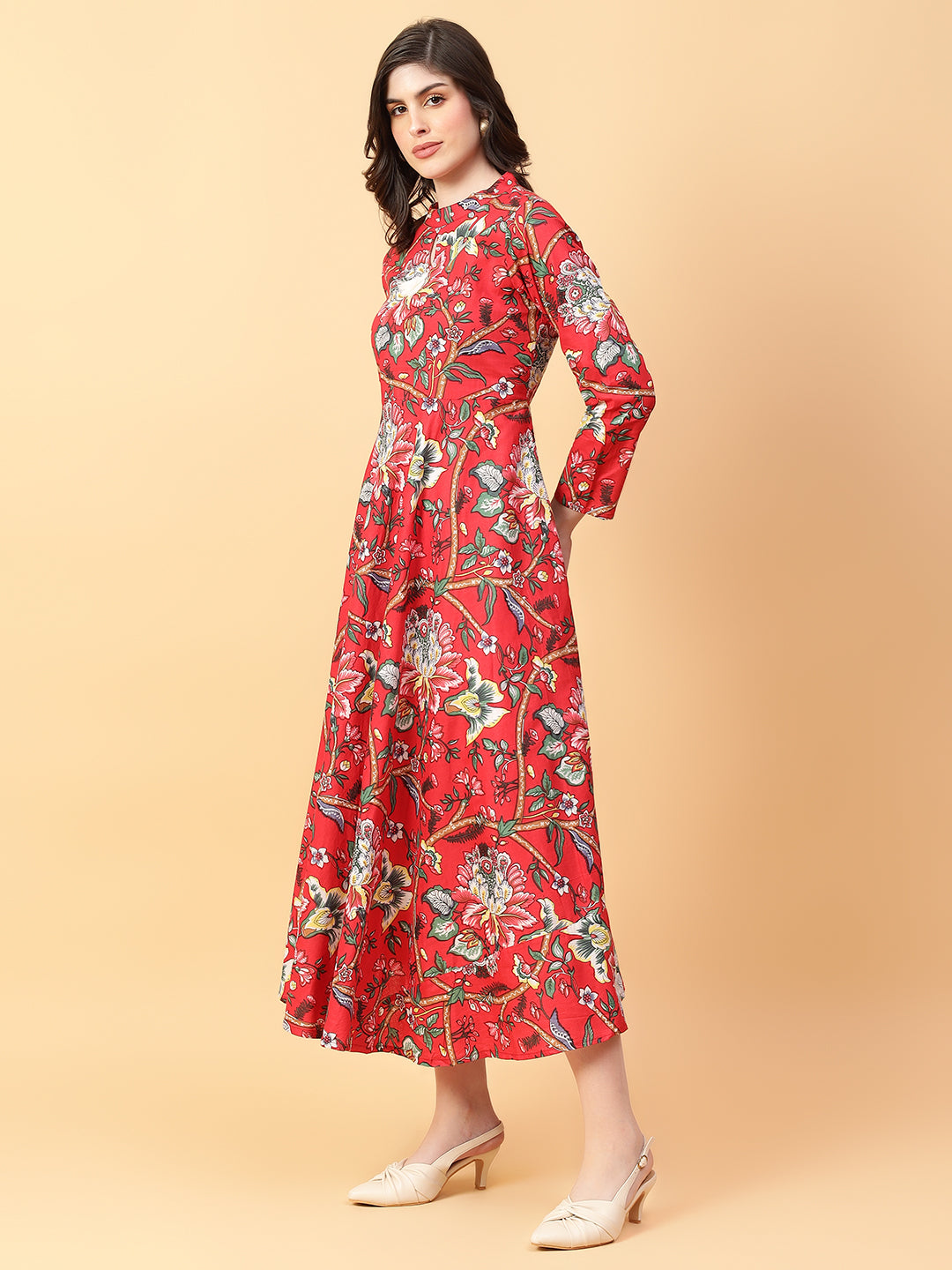 Red Cotton Printed & Hand Work Party wear dresses