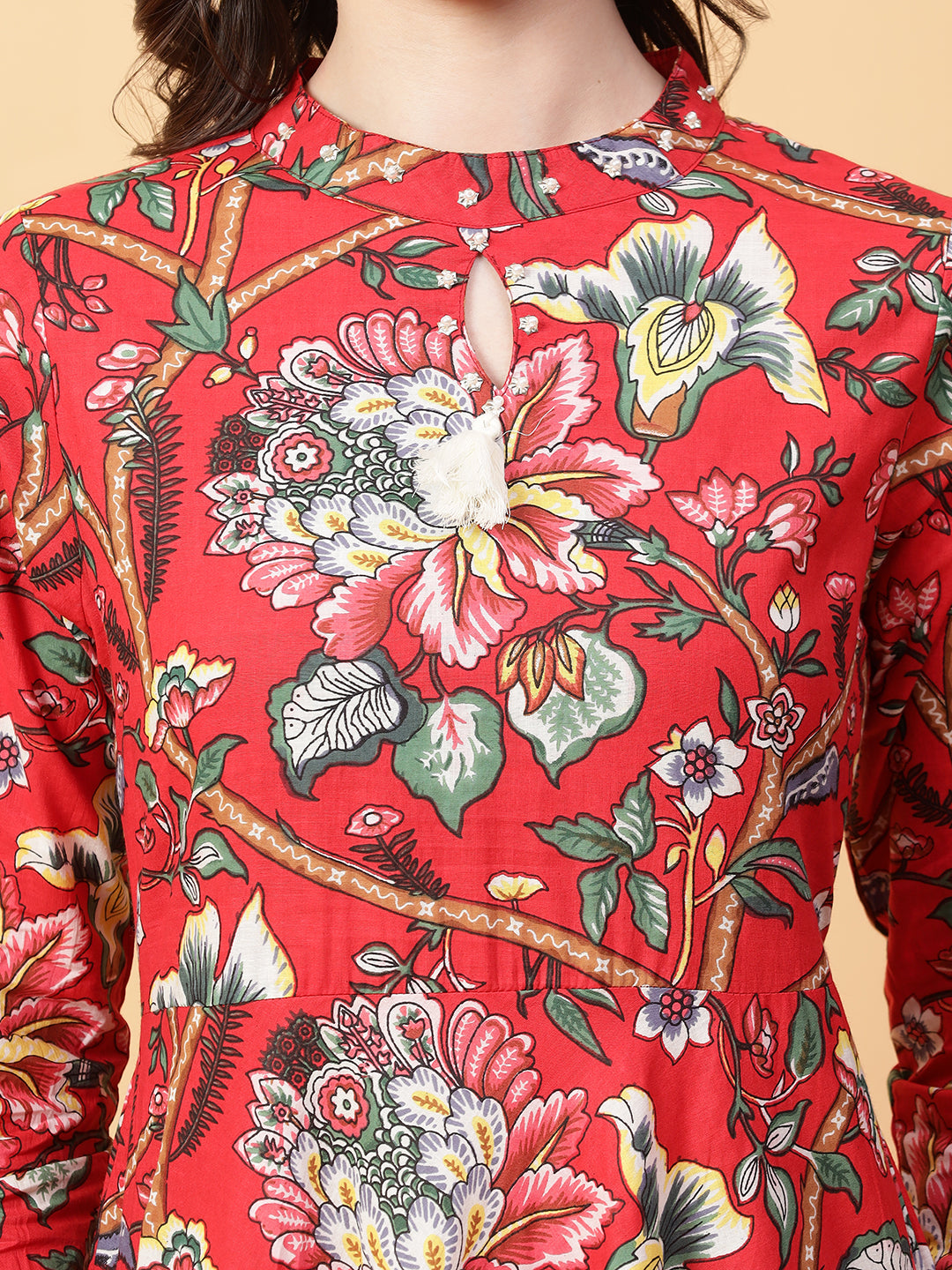 Red Cotton Printed & Hand Work Party wear dresses