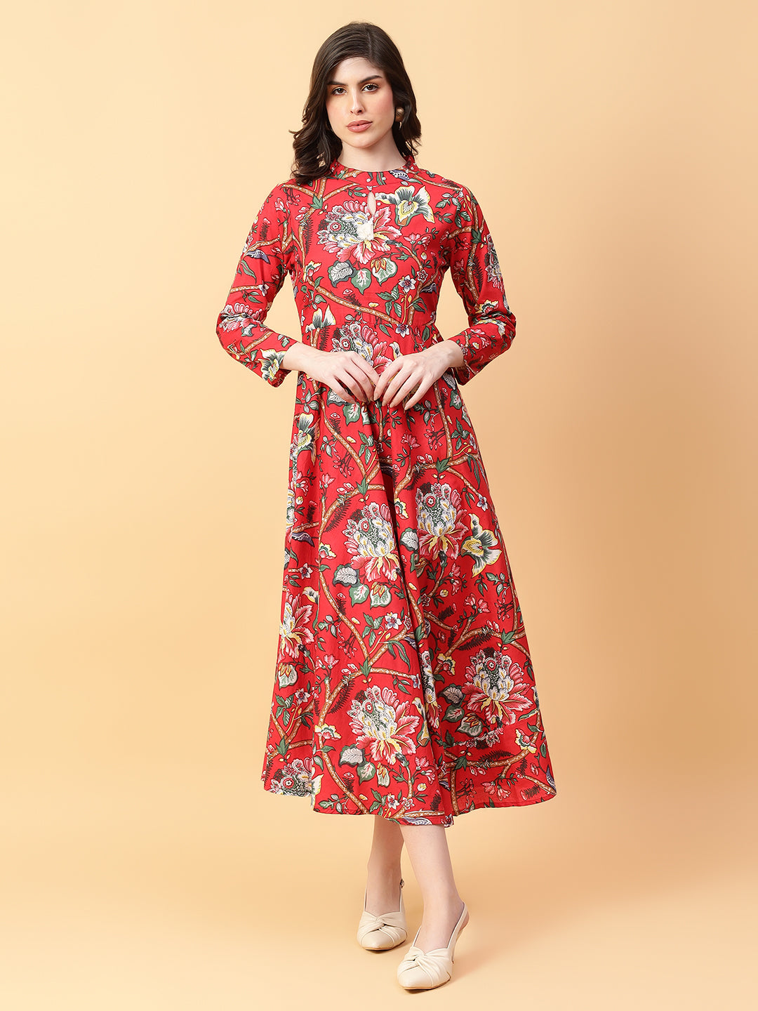 Red Cotton Printed & Hand Work Party wear dresses